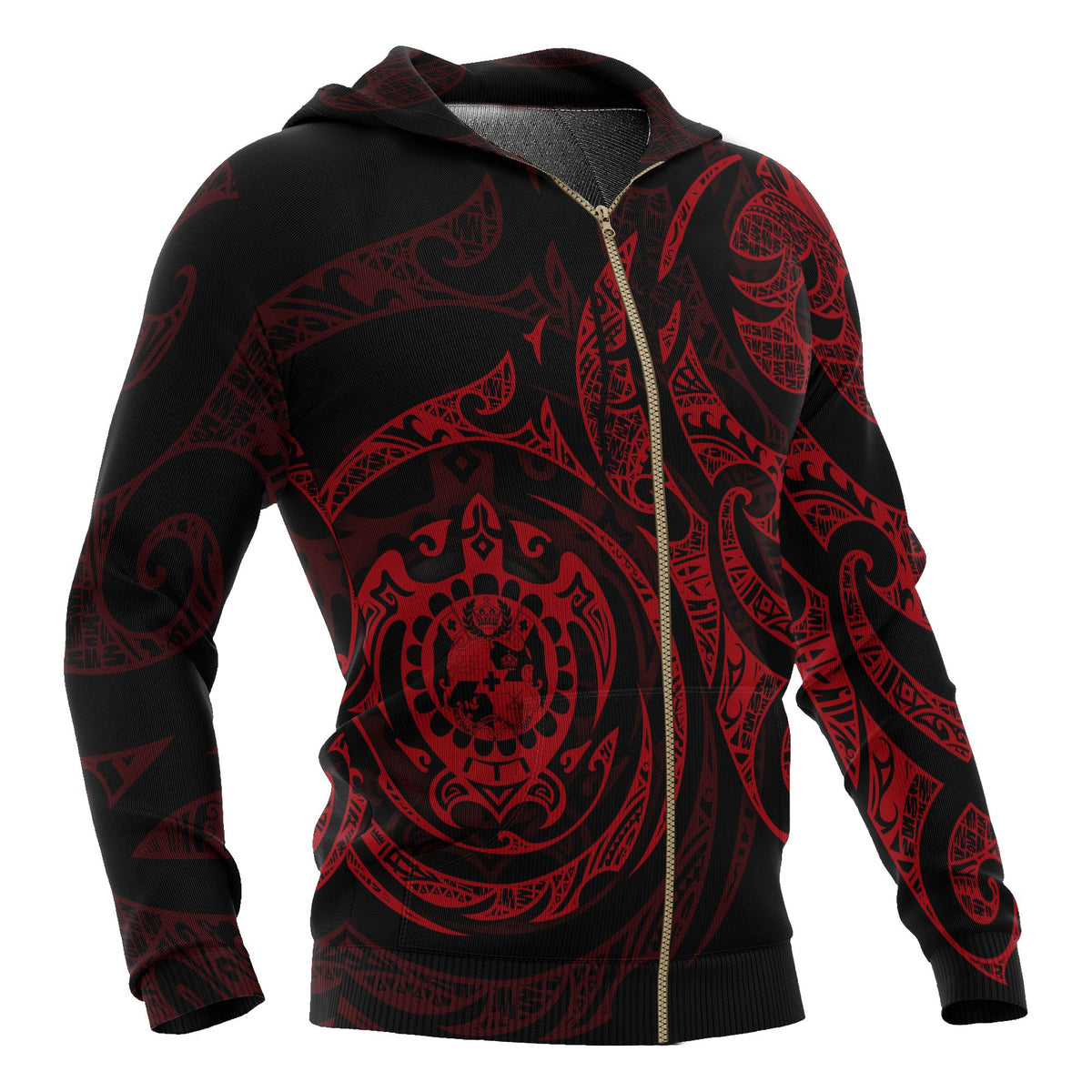 Tonga Polynesian All Over Zip up Hoodie Red Turtle Tribal - Polynesian Pride