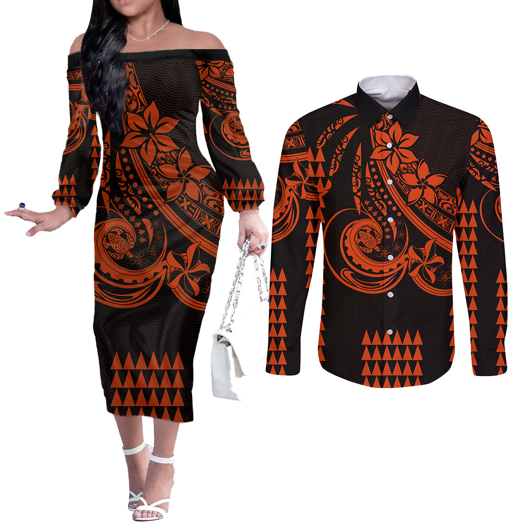 Kakau Hawaiian Polynesian Couples Matching Outfits Long Sleeve Dress And Long Sleeve Button Shirt Orange LT6 Orange - Polynesian Pride