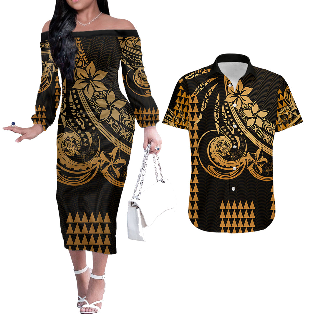 Kakau Hawaiian Polynesian Couples Matching Outfits Combo Long Sleeve Dress And Hawaiian Shirt Gold LT6 Gold - Polynesian Pride