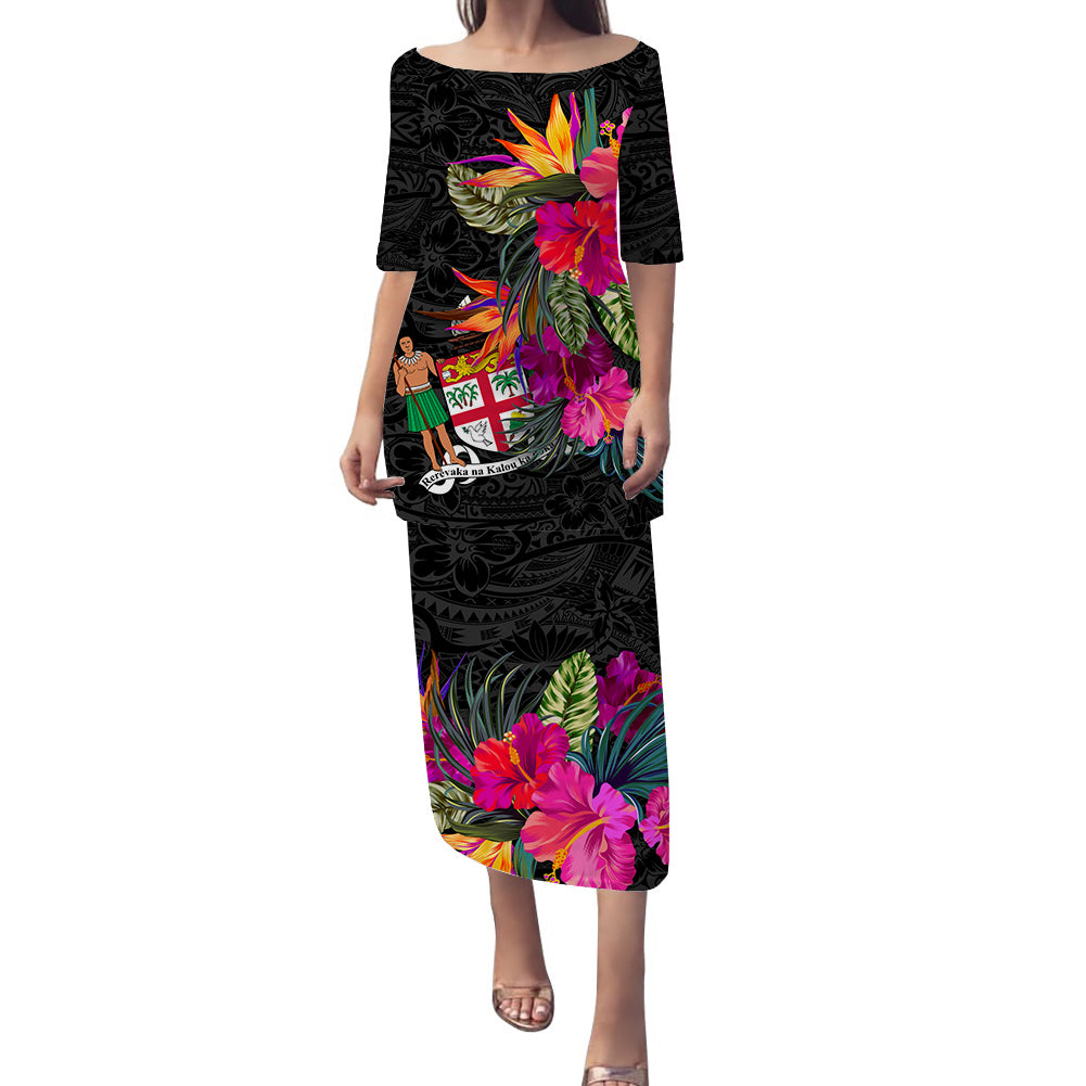 Fiji Hibiscus Polynesian Tribal Puletasi Dress - LT12 Long Dress Black - Polynesian Pride