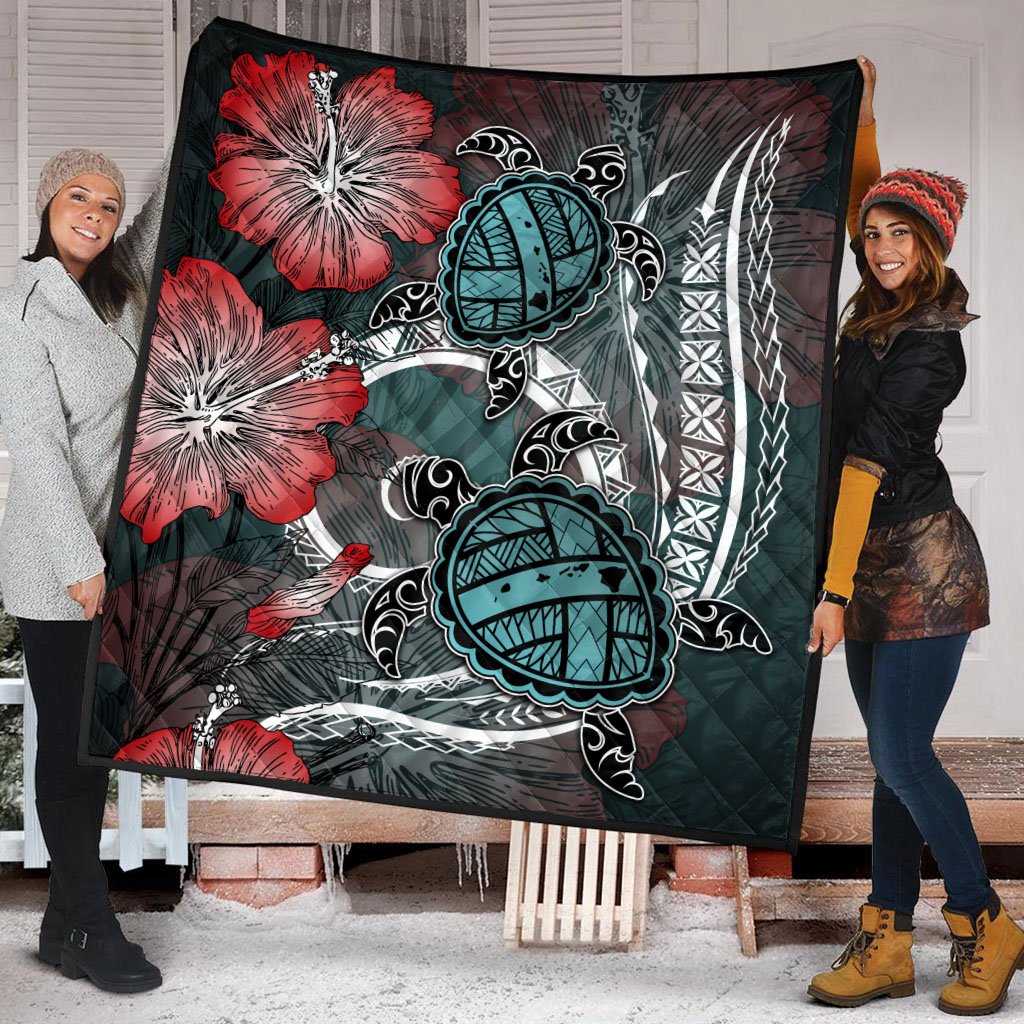 Hawaii Turtle Map Hibiscus Polynesian Premium Quilt - AH - Polynesian Pride