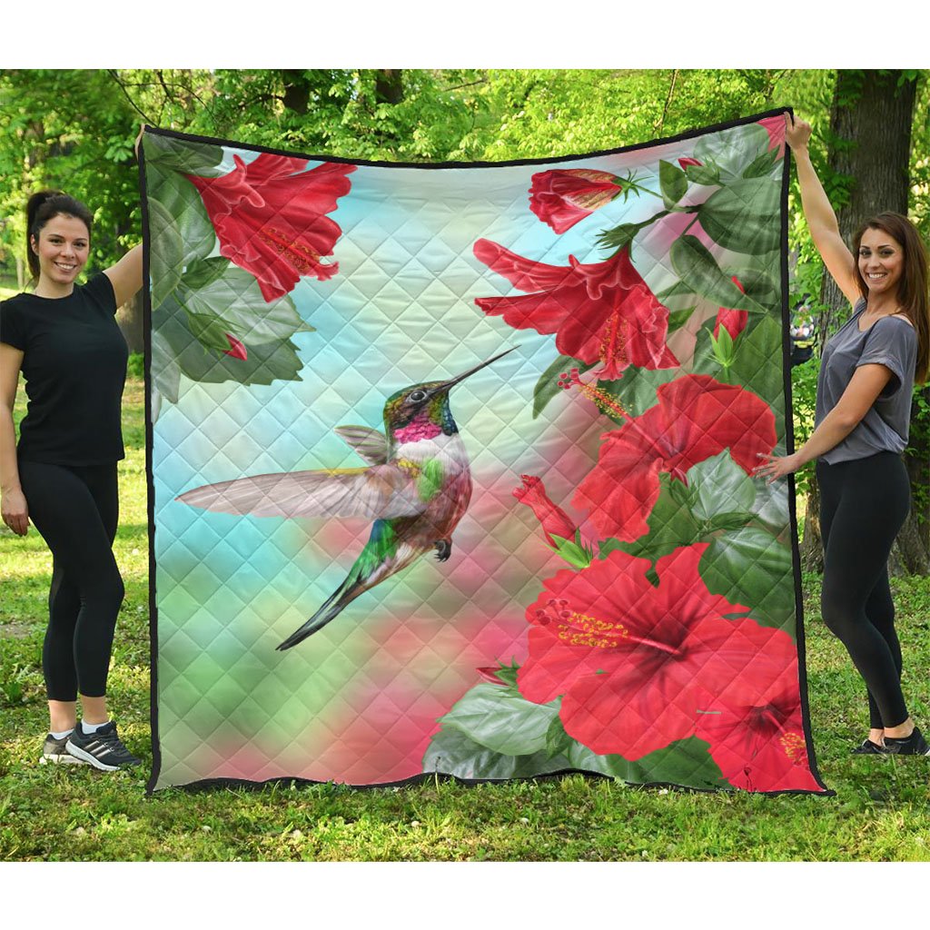 Hawaii Hummingbird Red Hibiscus Premium Quilt - AH Red - Polynesian Pride