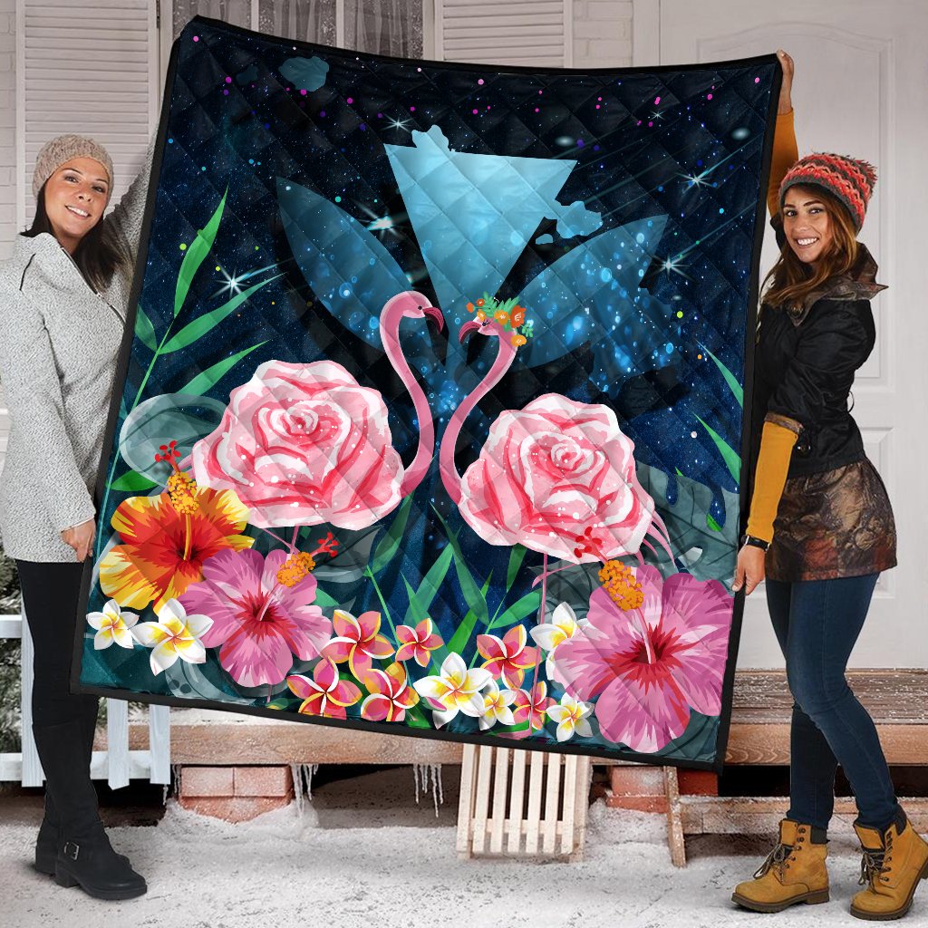 Kanaka Flamingo Couple Rose Hibiscus Plumeria Premium Quilt - Love Universe - AH - Polynesian Pride
