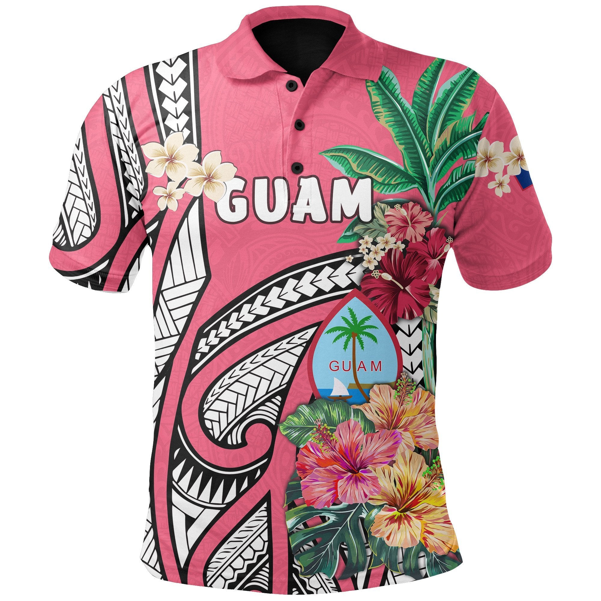 Guam Polo Shirt Coat Of Arms Polynesian With Hibiscus Pink Unisex Pink - Polynesian Pride