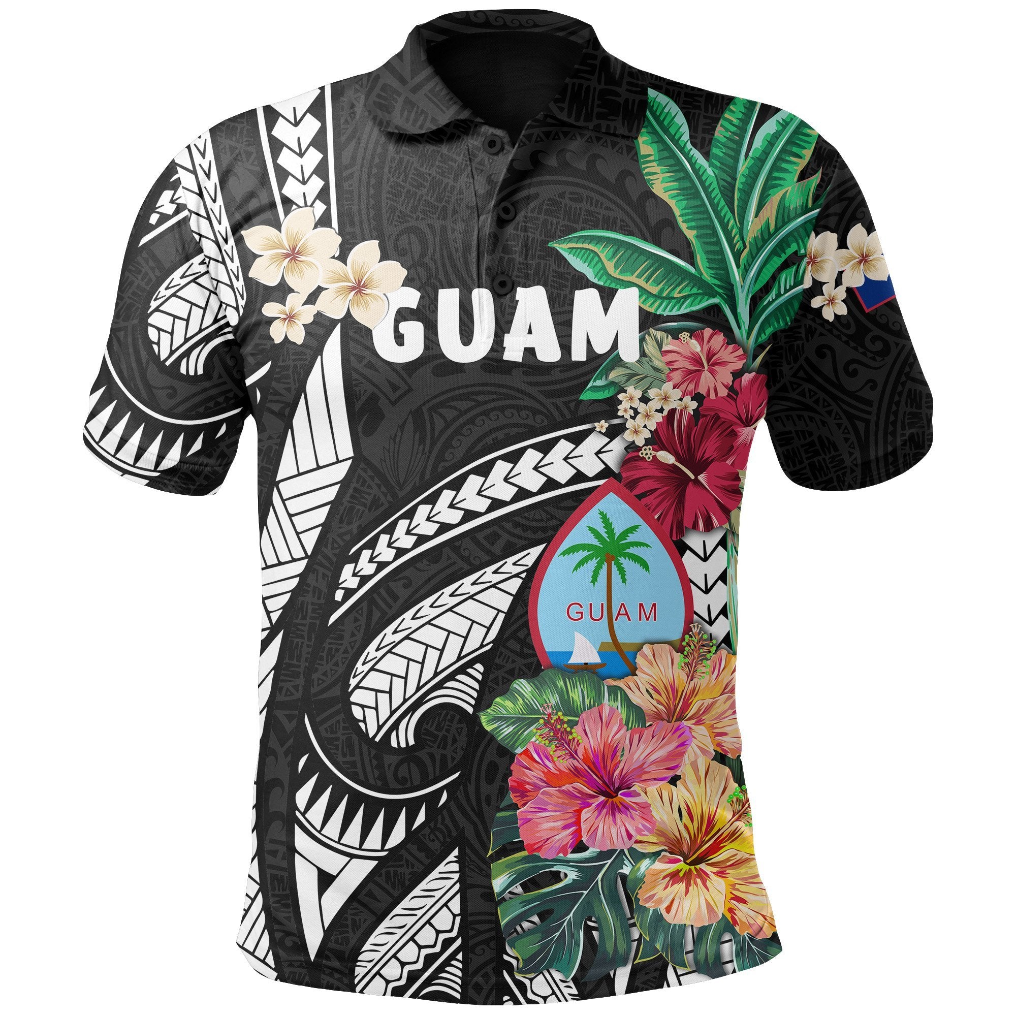 Guam Polo Shirt Coat Of Arms Polynesian With Hibiscus Unisex Black - Polynesian Pride