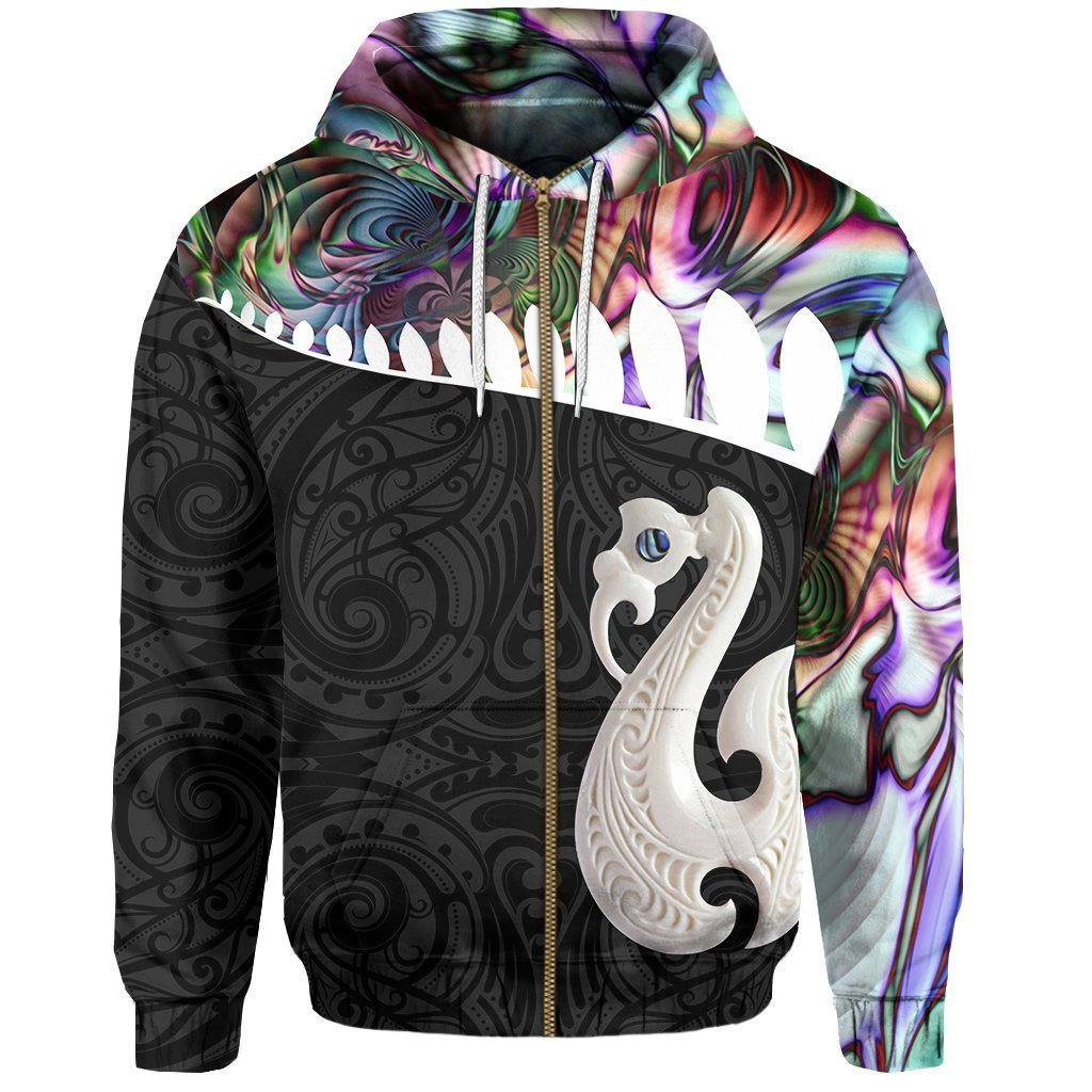 Aotearoa Zipper Hoodie Maori Manaia Paua Shell Zip up Hoodie Unisex Black - Polynesian Pride