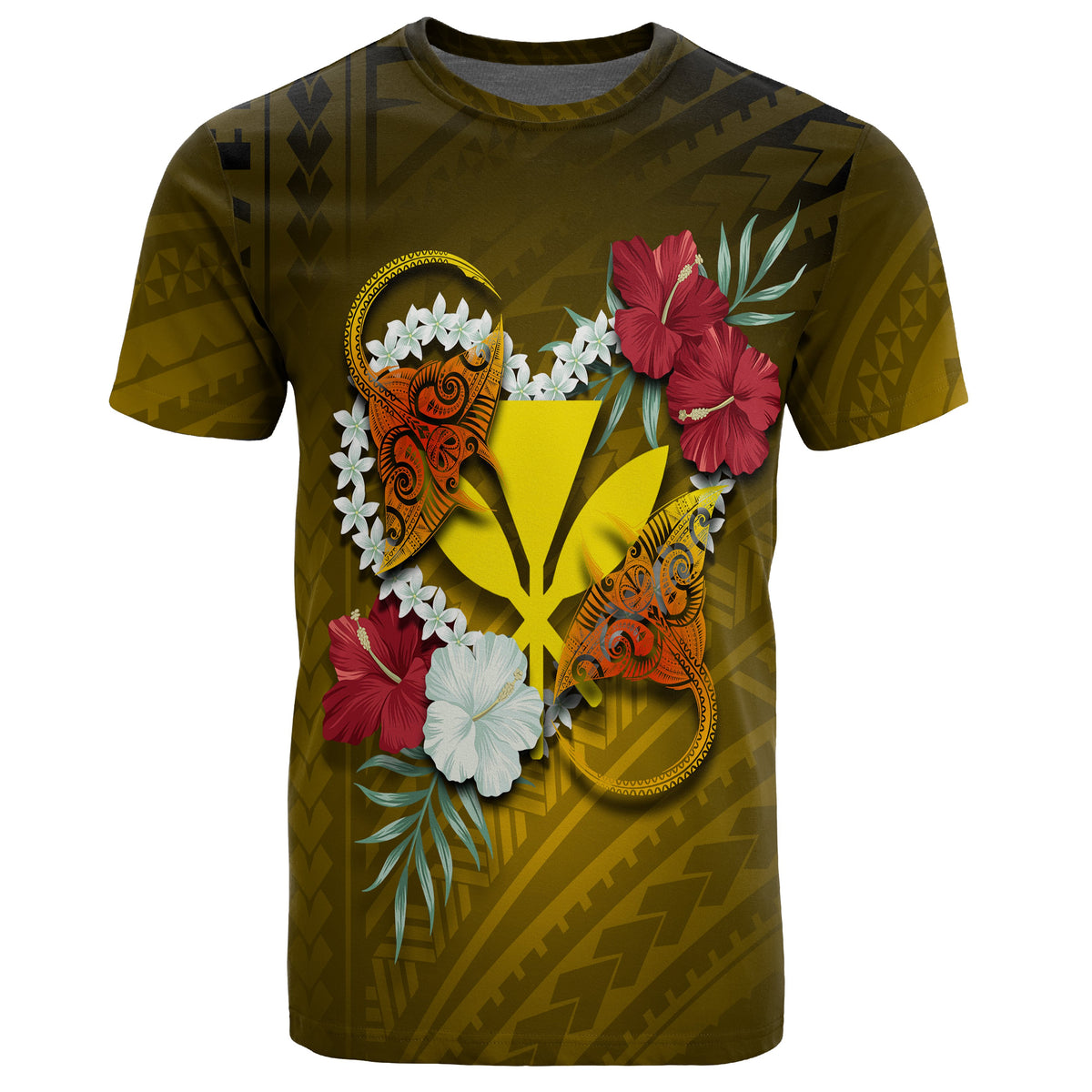 Kanaka Manta Ray Plumeria Heart Polynesian T Shirt Sea Flower AH - Polynesian Pride