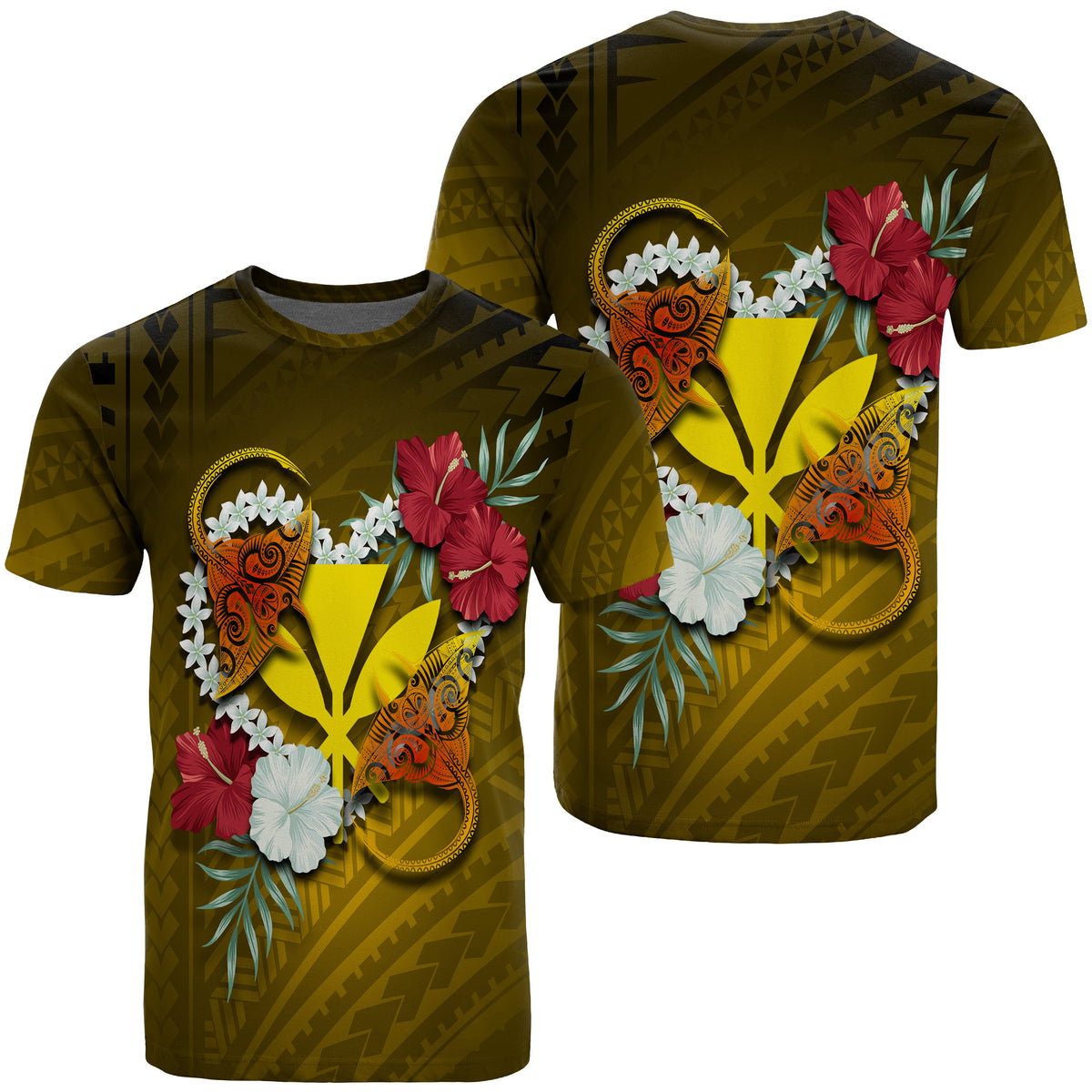 Kanaka Manta Ray Plumeria Heart Polynesian T Shirt Sea Flower AH Unisex Black - Polynesian Pride