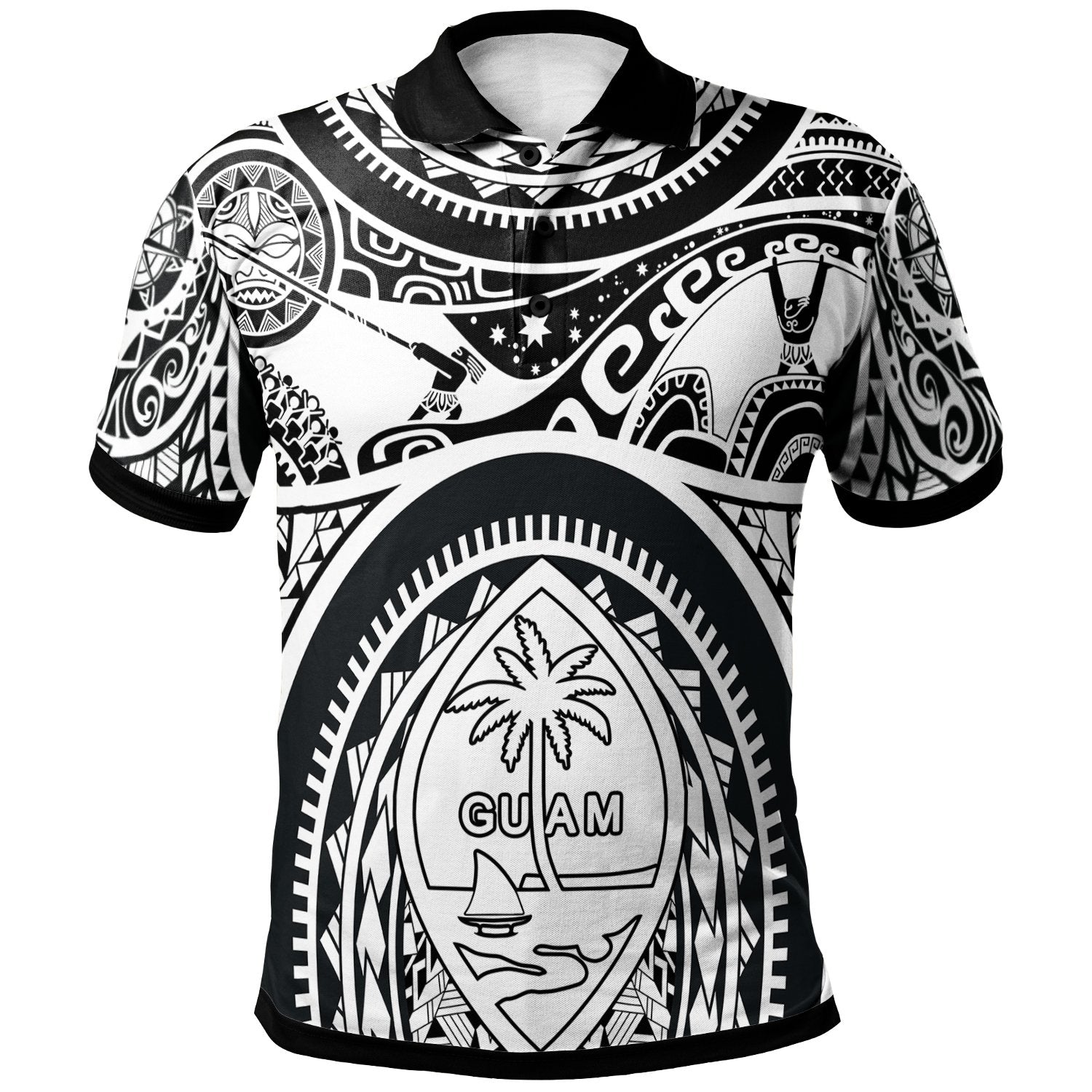 Polynesian Polo Shirt Guam Flag, Seal with Maui Moana Tattoo Unisex White - Polynesian Pride