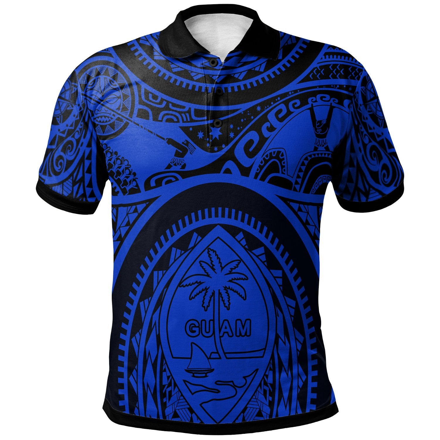 Polynesian Polo Shirt Guam Flag, Seal with Maui Moana Tattoo Unisex Blue - Polynesian Pride