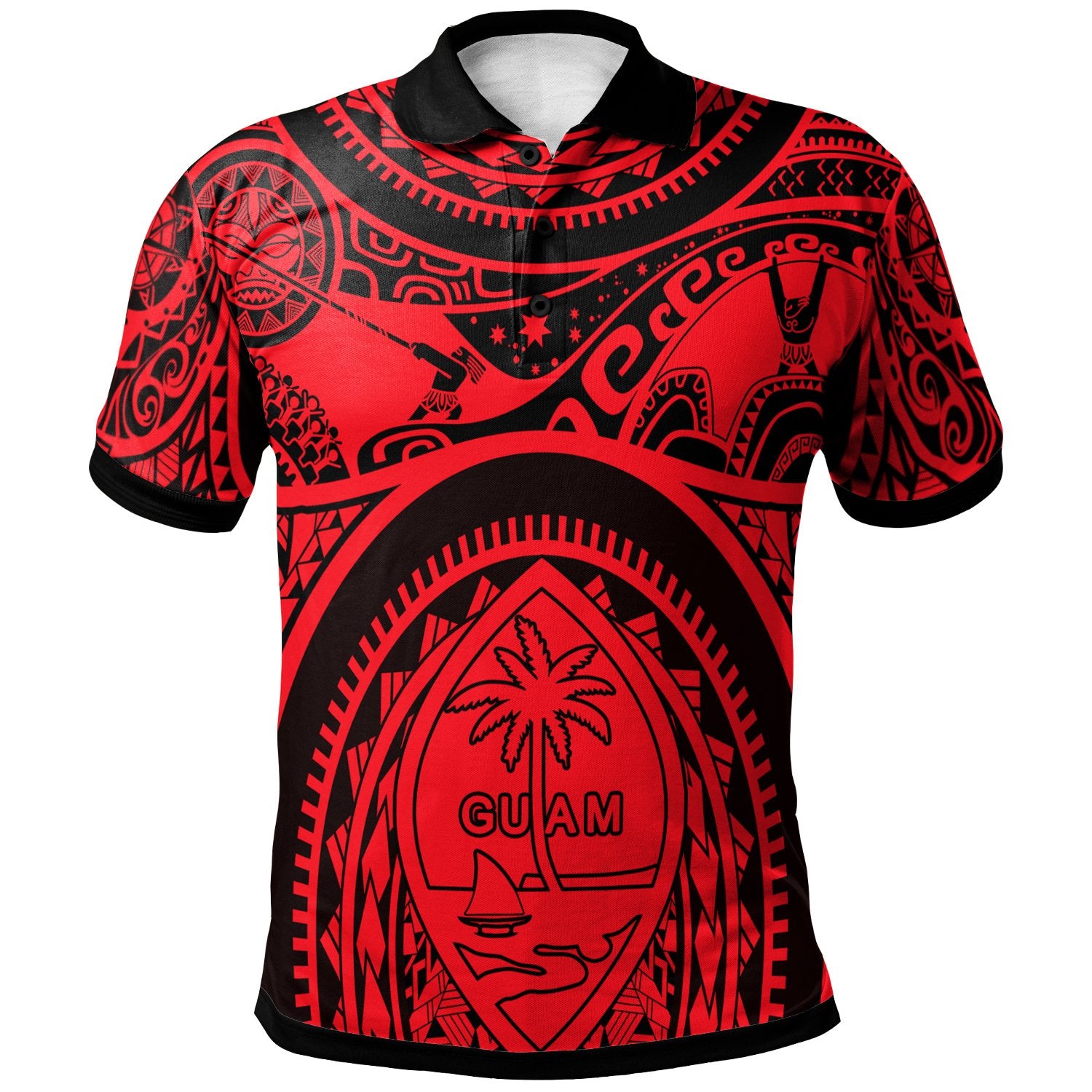 Polynesian Polo Shirt Guam Flag, Seal with Maui Moana Tattoo Unisex Red - Polynesian Pride