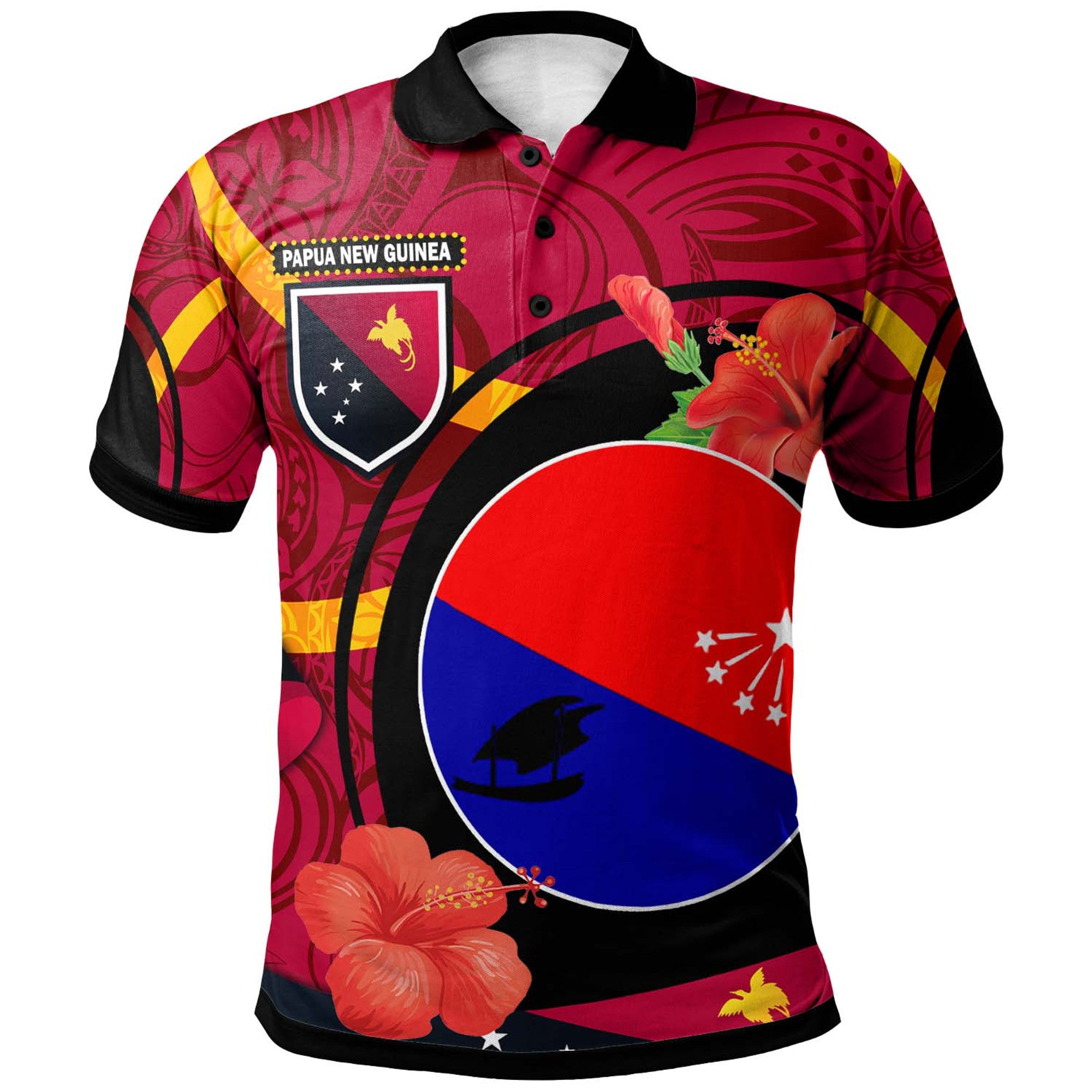 Papua New Guinea Polo Shirt Central Province Flag of PNG with Hibicus and Polynesian Culture Polo Shirt Art - Polynesian Pride