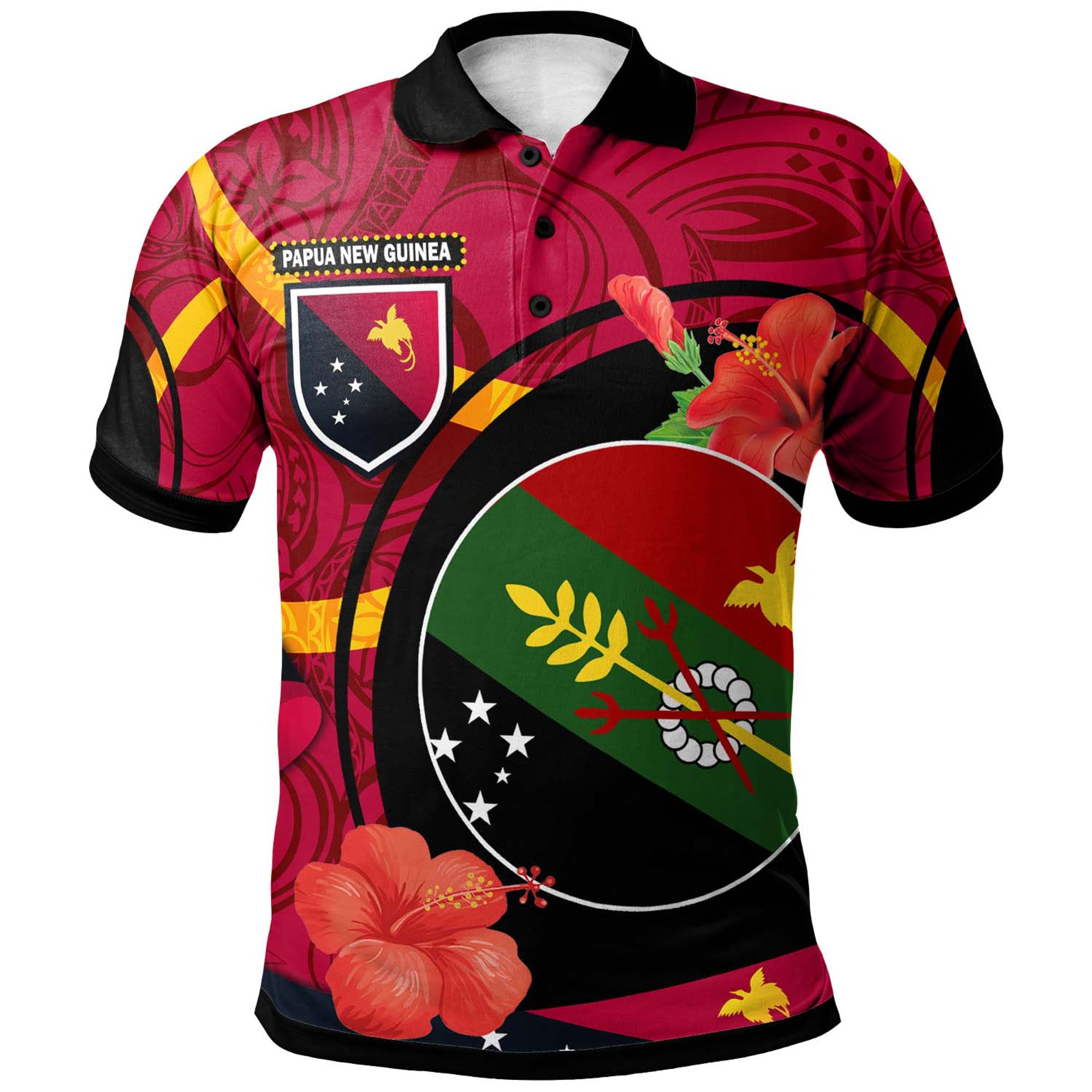 Papua New Guinea Polo Shirt Chimbu Flag of PNG with Hibicus and Polynesian Culture Polo Shirt Art - Polynesian Pride