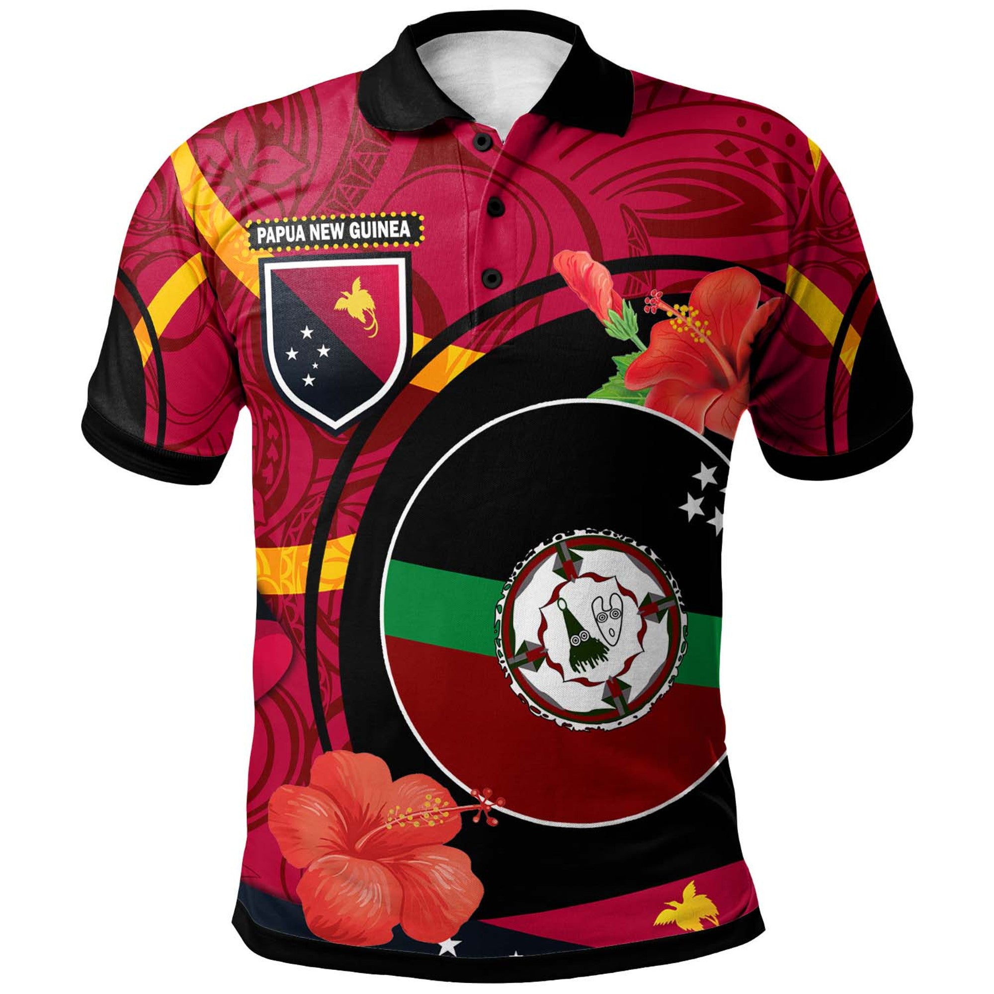 Papua New Guinea Polo Shirt East New Britain Flag of PNG with Hibicus and Polynesian Culture Polo Shirt Art - Polynesian Pride