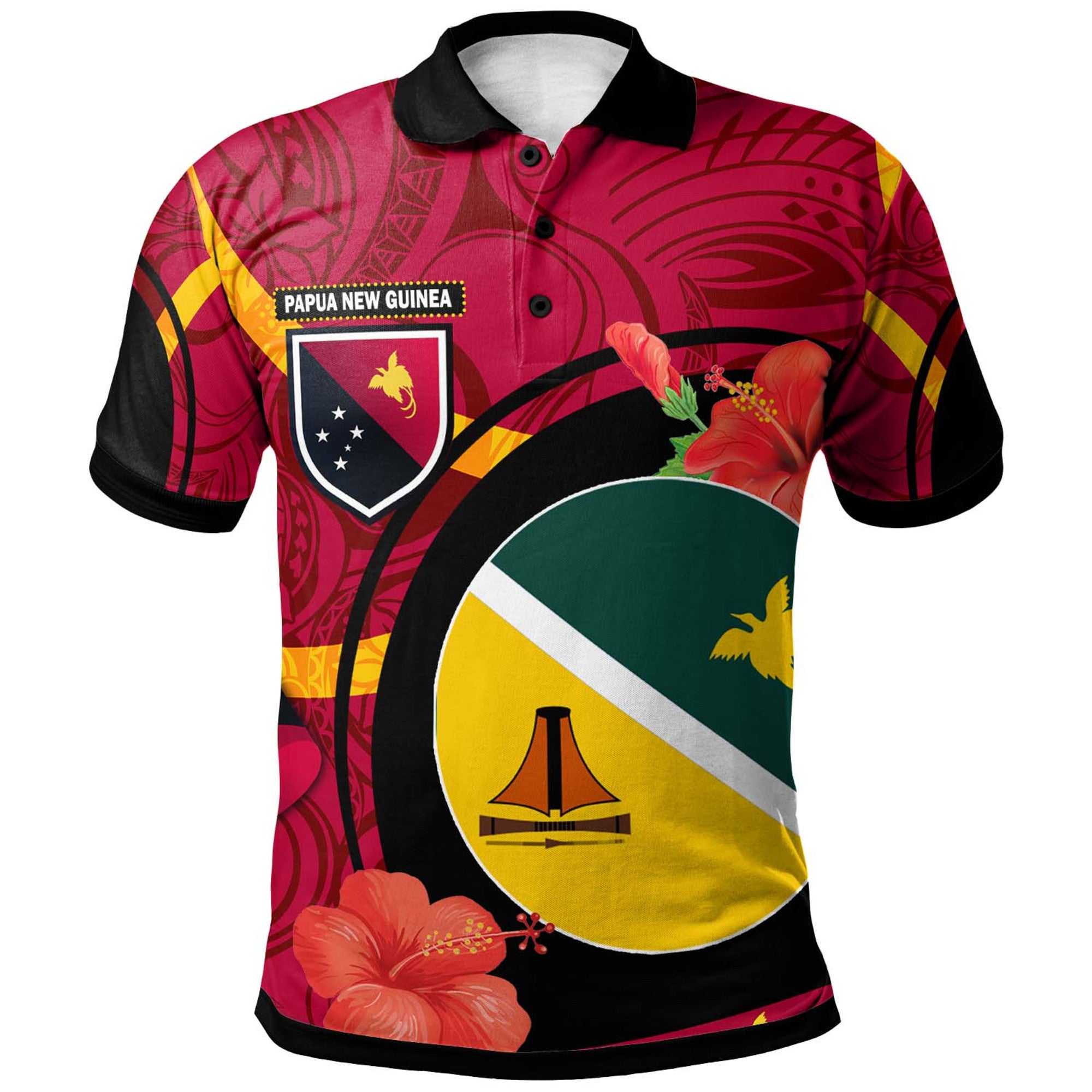 Papua New Guinea Polo Shirt Jiwaka Flag of PNG with Hibicus and Polynesian Culture Polo Shirt Art - Polynesian Pride