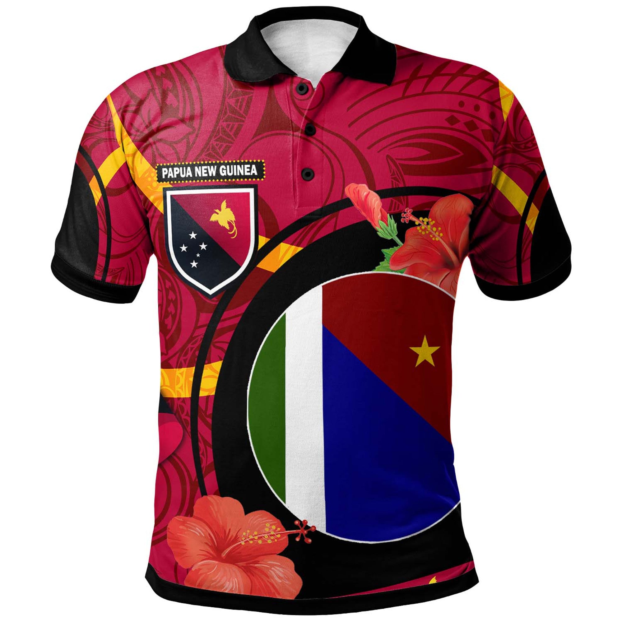 Papua New Guinea Polo Shirt Milne Bay Flag of PNG with Hibicus and Polynesian Culture Polo Shirt Art - Polynesian Pride