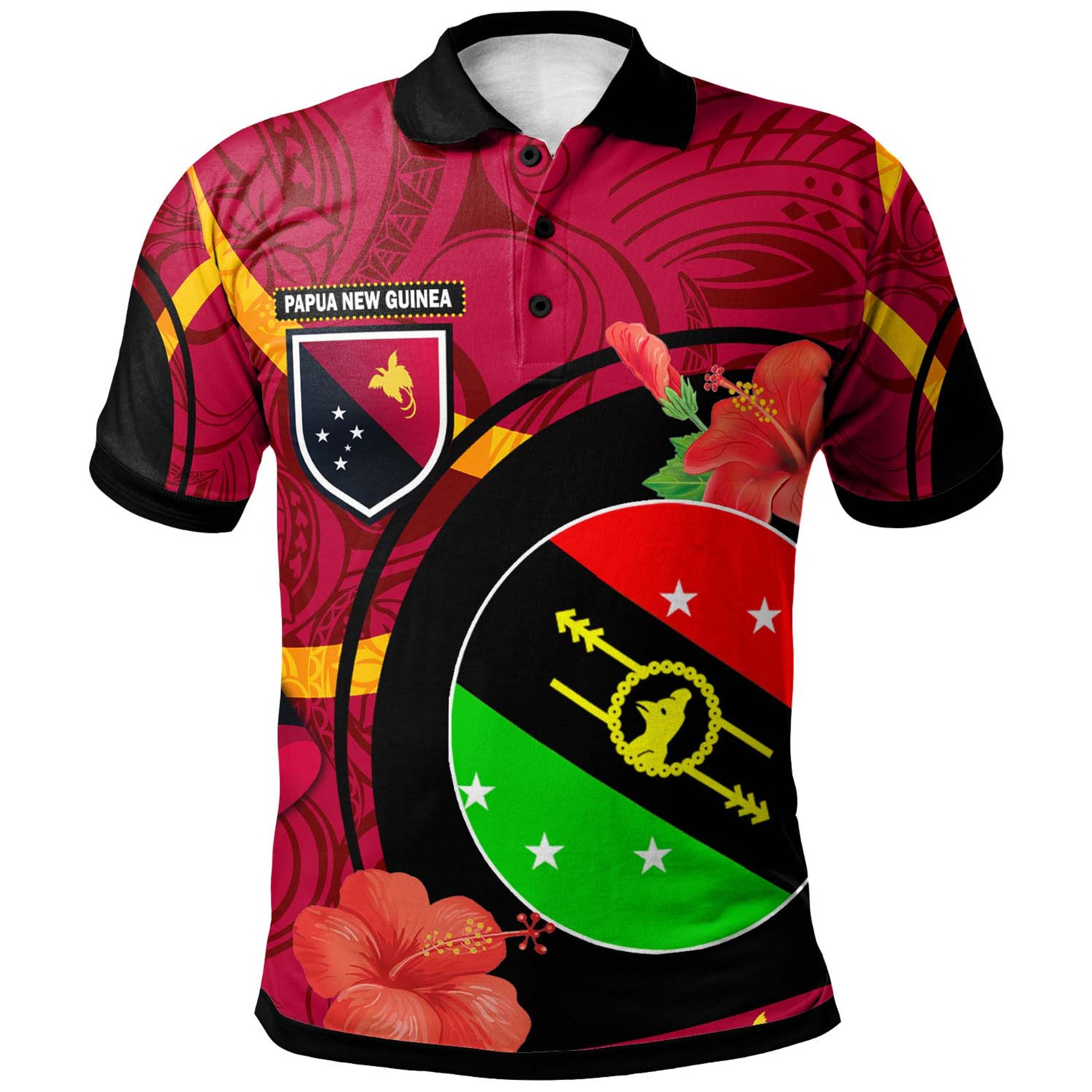 Papua New Guinea Polo Shirt Southern Highlands Flag of PNG with Hibicus and Polynesian Culture Polo Shirt Art - Polynesian Pride