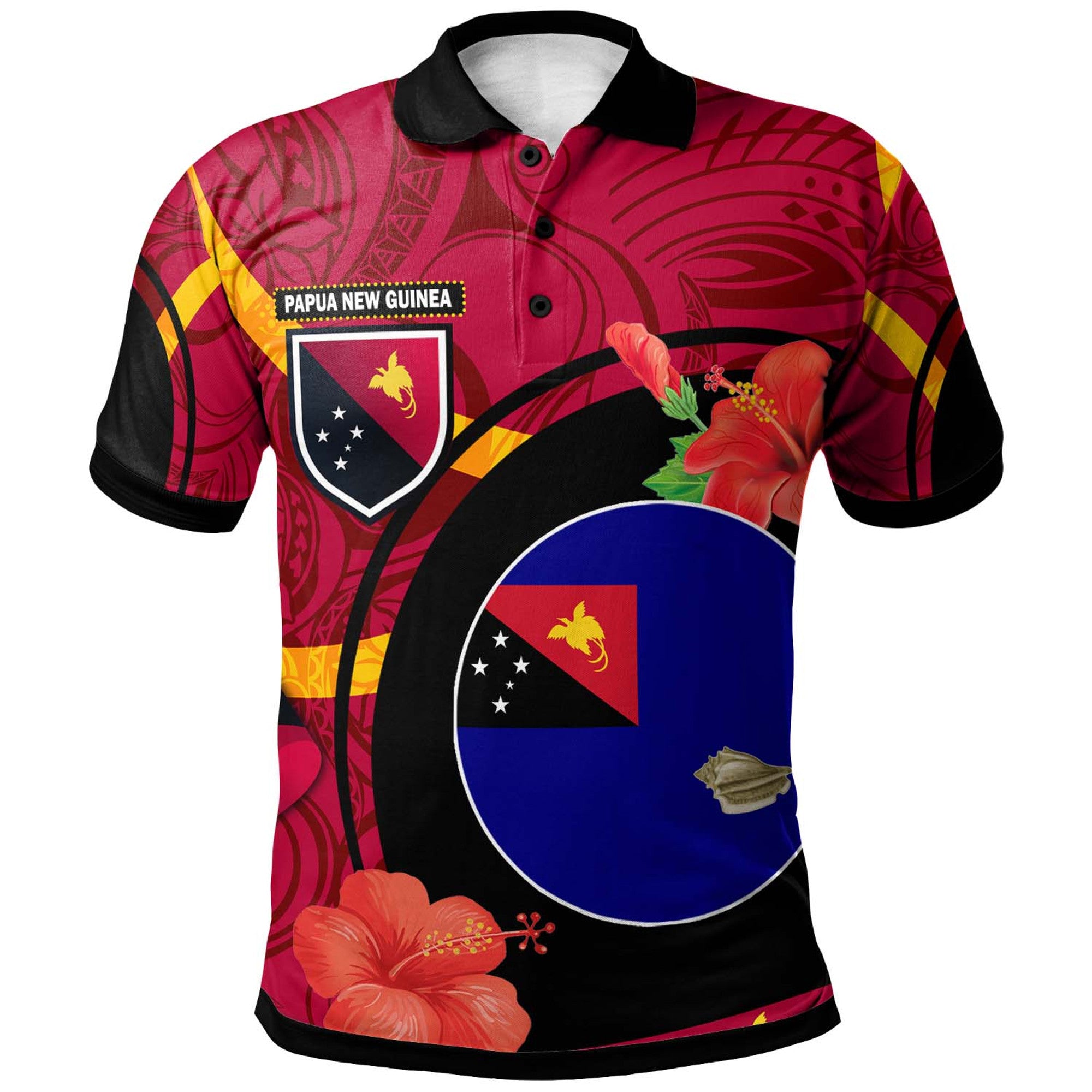 Papua New Guinea Polo Shirt West New Britain Flag of PNG with Hibicus and Polynesian Culture Polo Shirt Art - Polynesian Pride