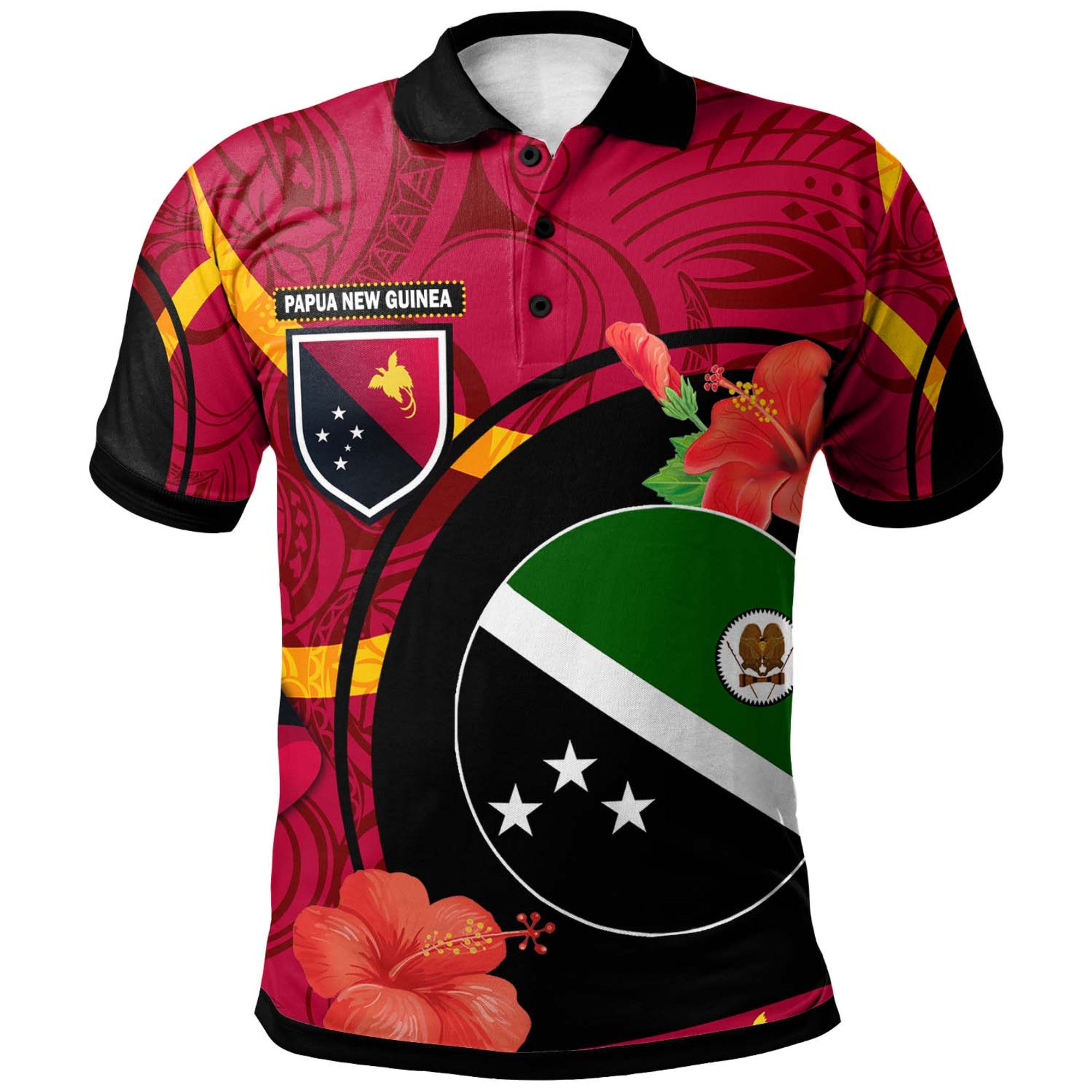 Papua New Guinea Polo Shirt Western Highlands Flag of PNG with Hibicus and Polynesian Culture Polo Shirt Art - Polynesian Pride