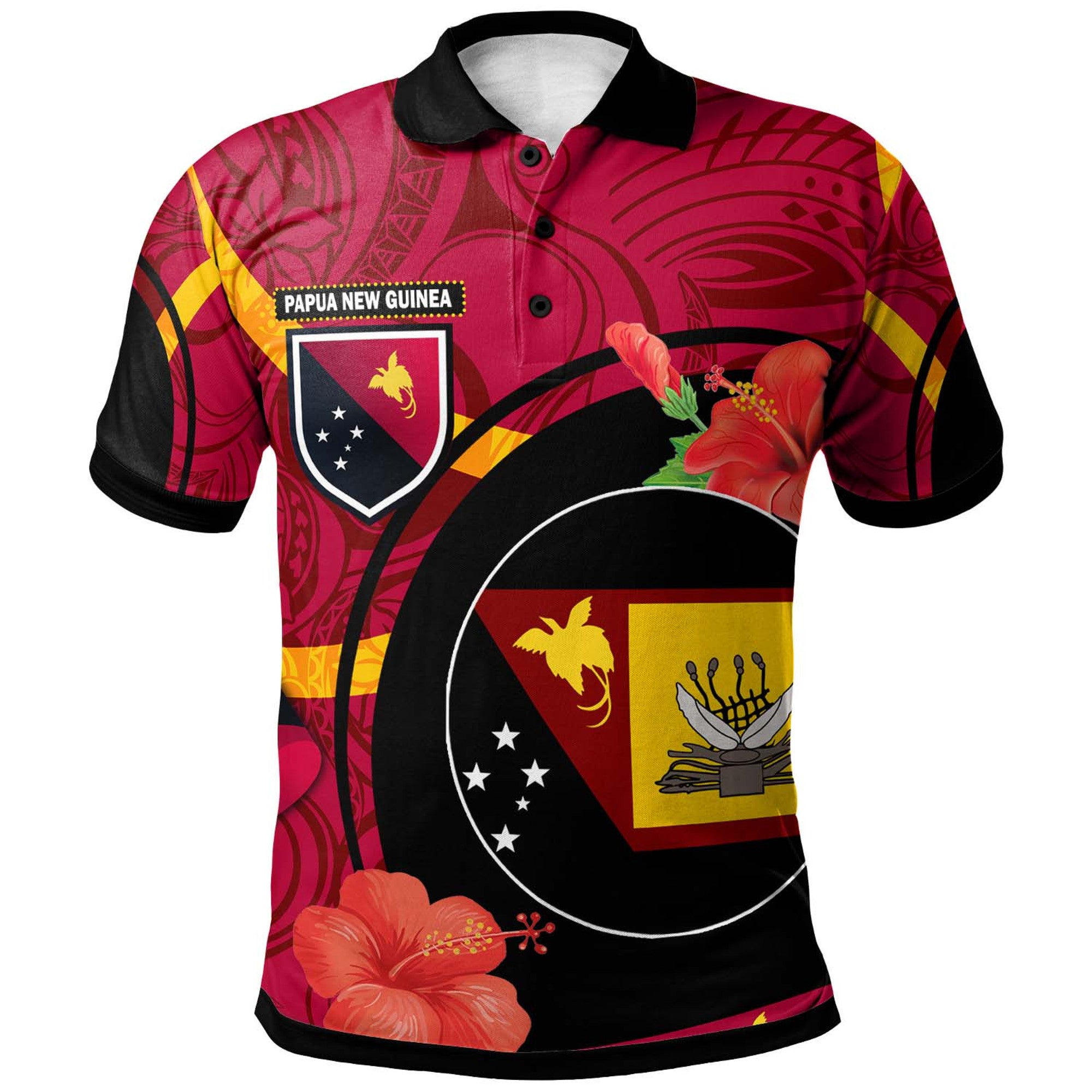 Papua New Guinea Polo Shirt Western Province Flag of PNG with Hibicus and Polynesian Culture Polo Shirt Art - Polynesian Pride