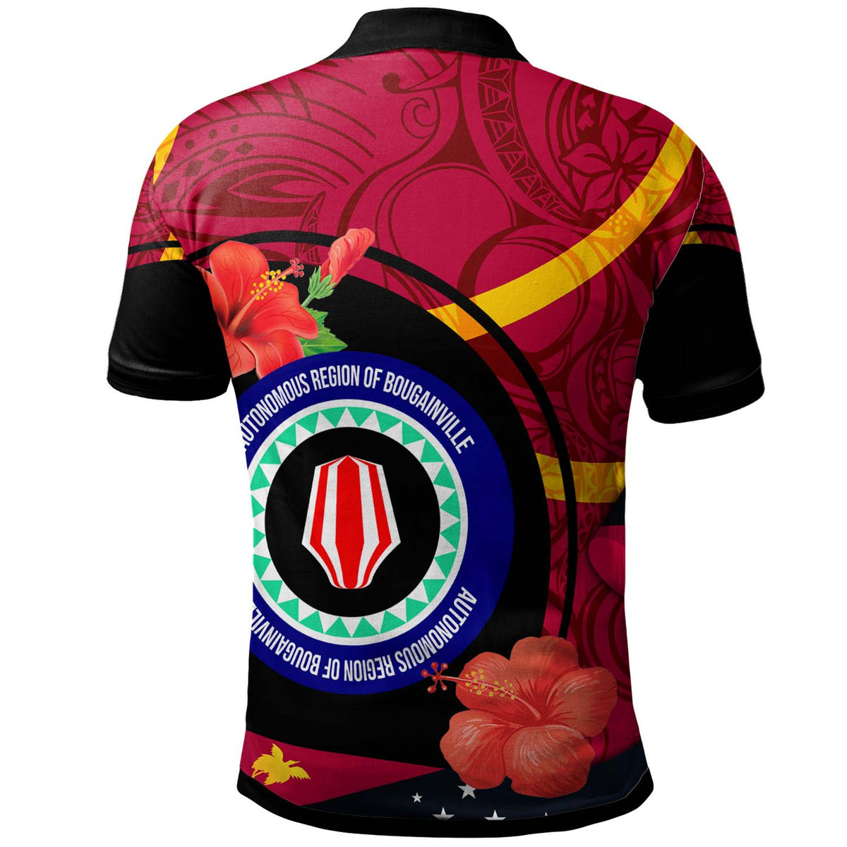 Papua New Guinea Polo Shirt Bougainville Flag of PNG with Hibicus and Polynesian Culture Polo Shirt - Polynesian Pride