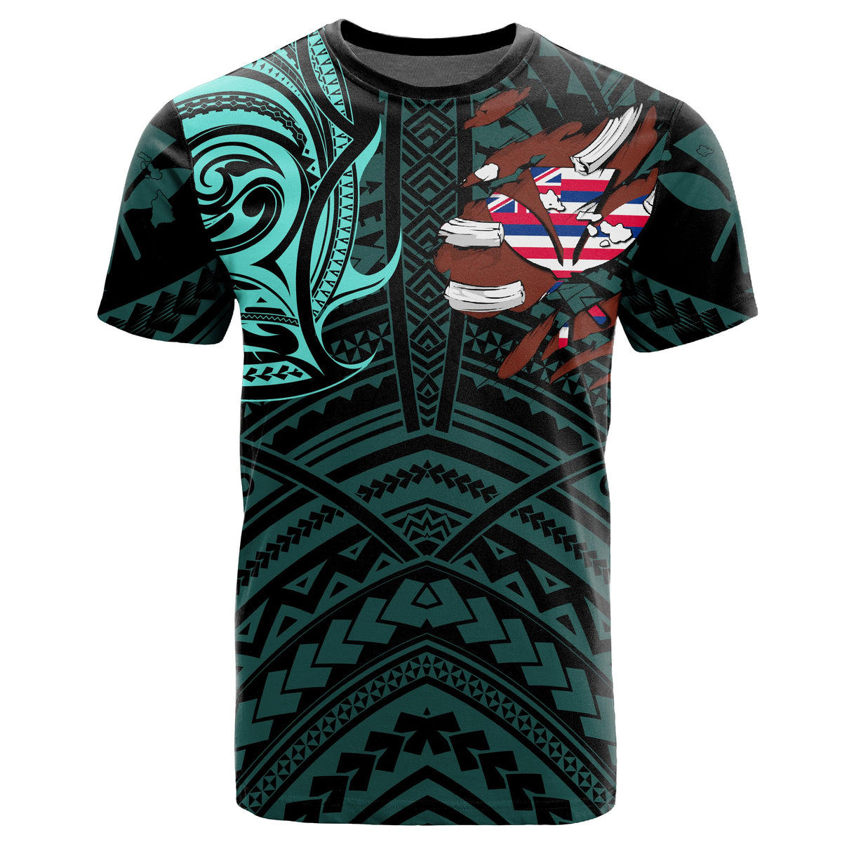 Hawaiian Kanaka T Shirt Heart Tattoo Turquoise - Polynesian Pride