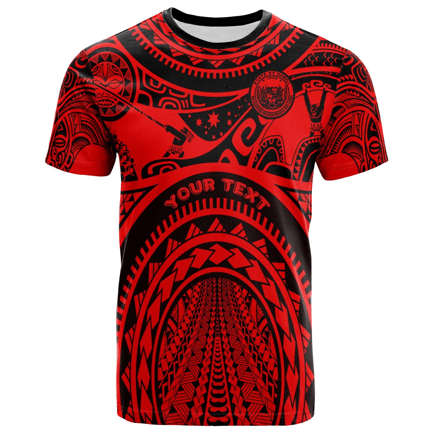 Custom Hawaii T Shirt Coat of Arm Hawaii & Polynesian Patterns Maui Tattoo Unisex Red - Polynesian Pride