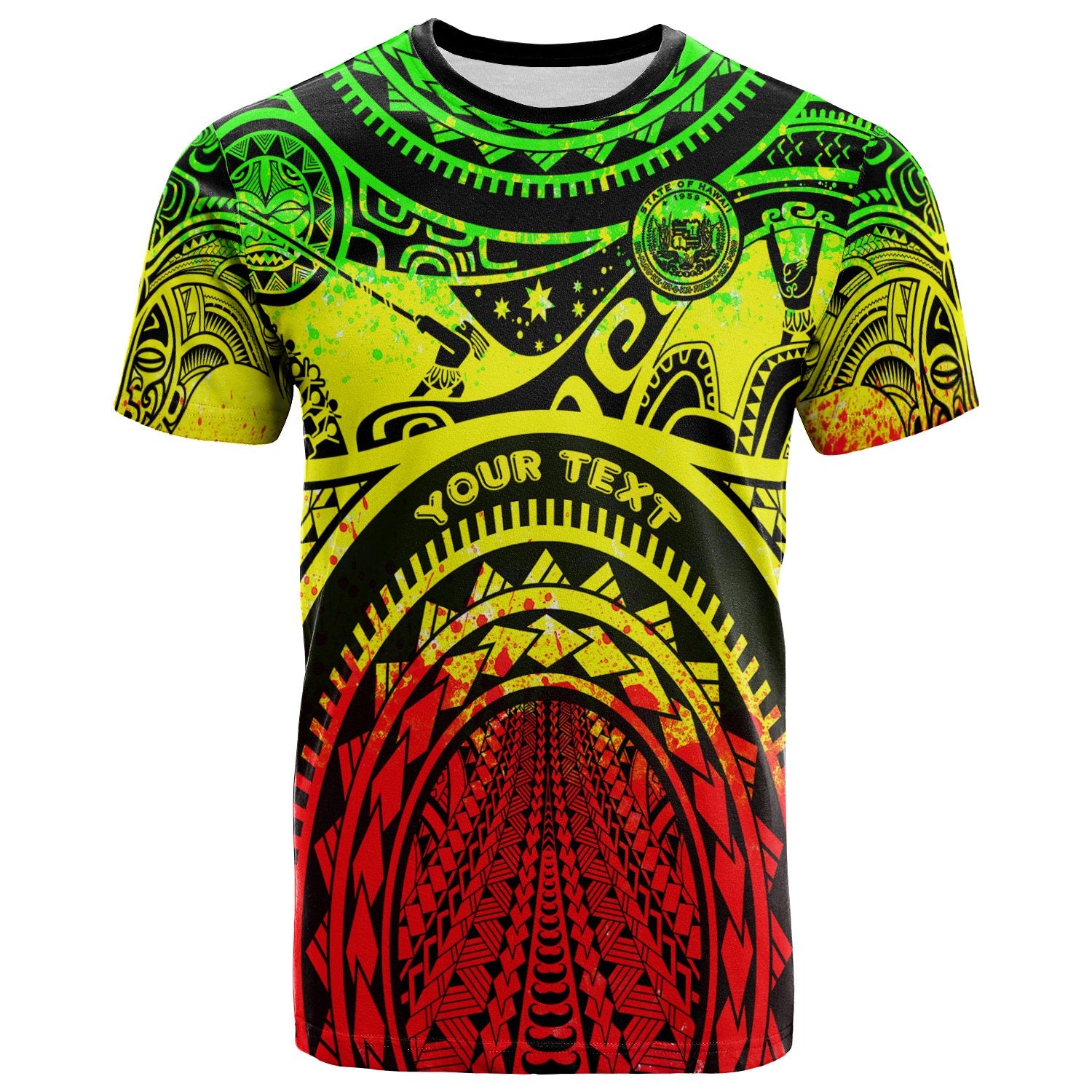 Custom Hawaii T Shirt Coat of Arm Hawaii & Polynesian Patterns Maui Tattoo Unisex Reggae - Polynesian Pride