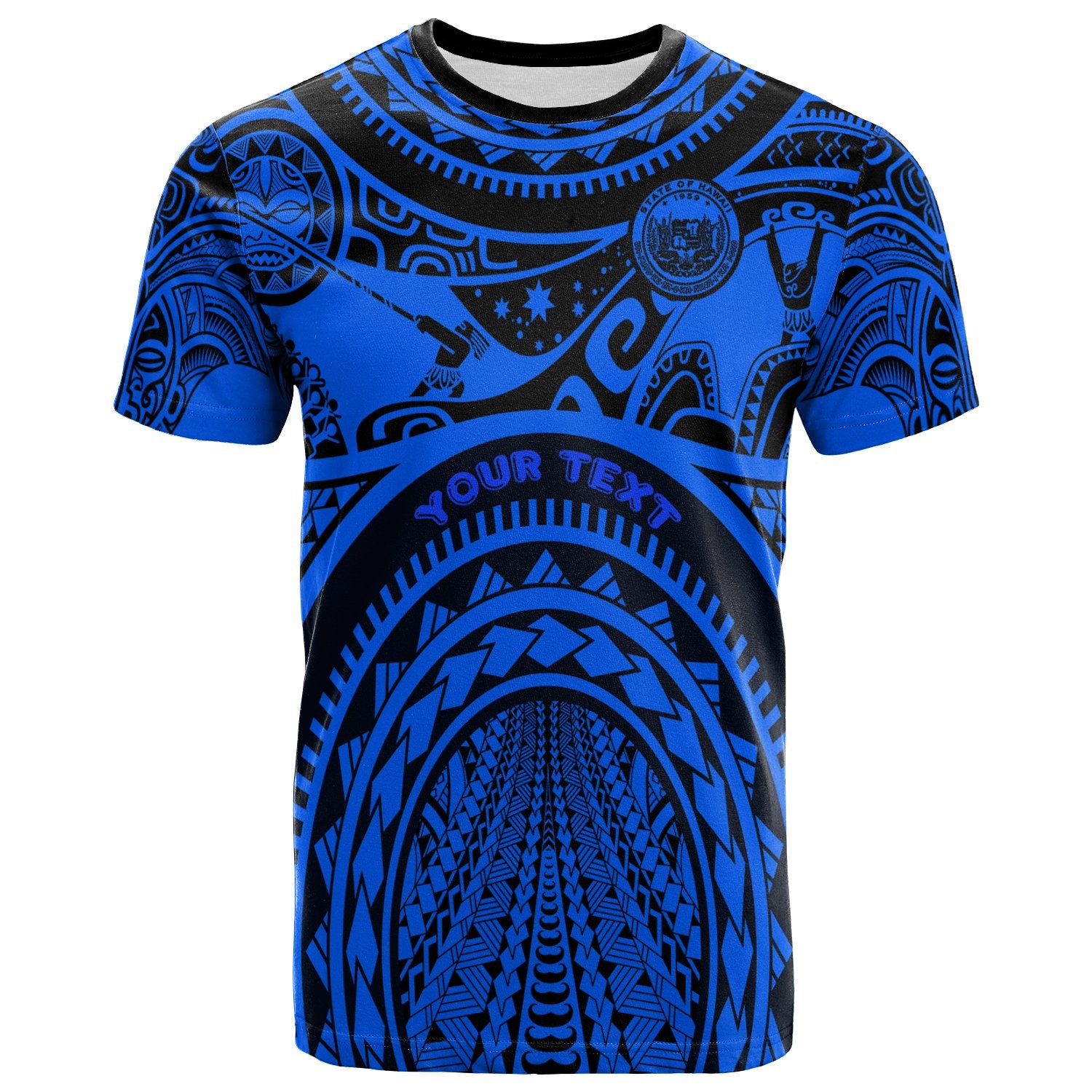 Custom Hawaii T Shirt Coat of Arm Hawaii & Polynesian Patterns Maui Tattoo Unisex Blue - Polynesian Pride