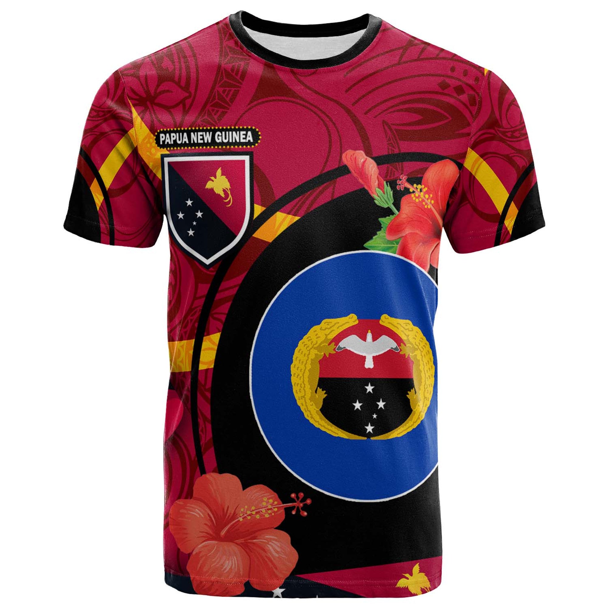 Papua New Guinea T Shirt Gulf Province Flag of PNG with Hibicus and Polynesian Culture T Shirt Art - Polynesian Pride