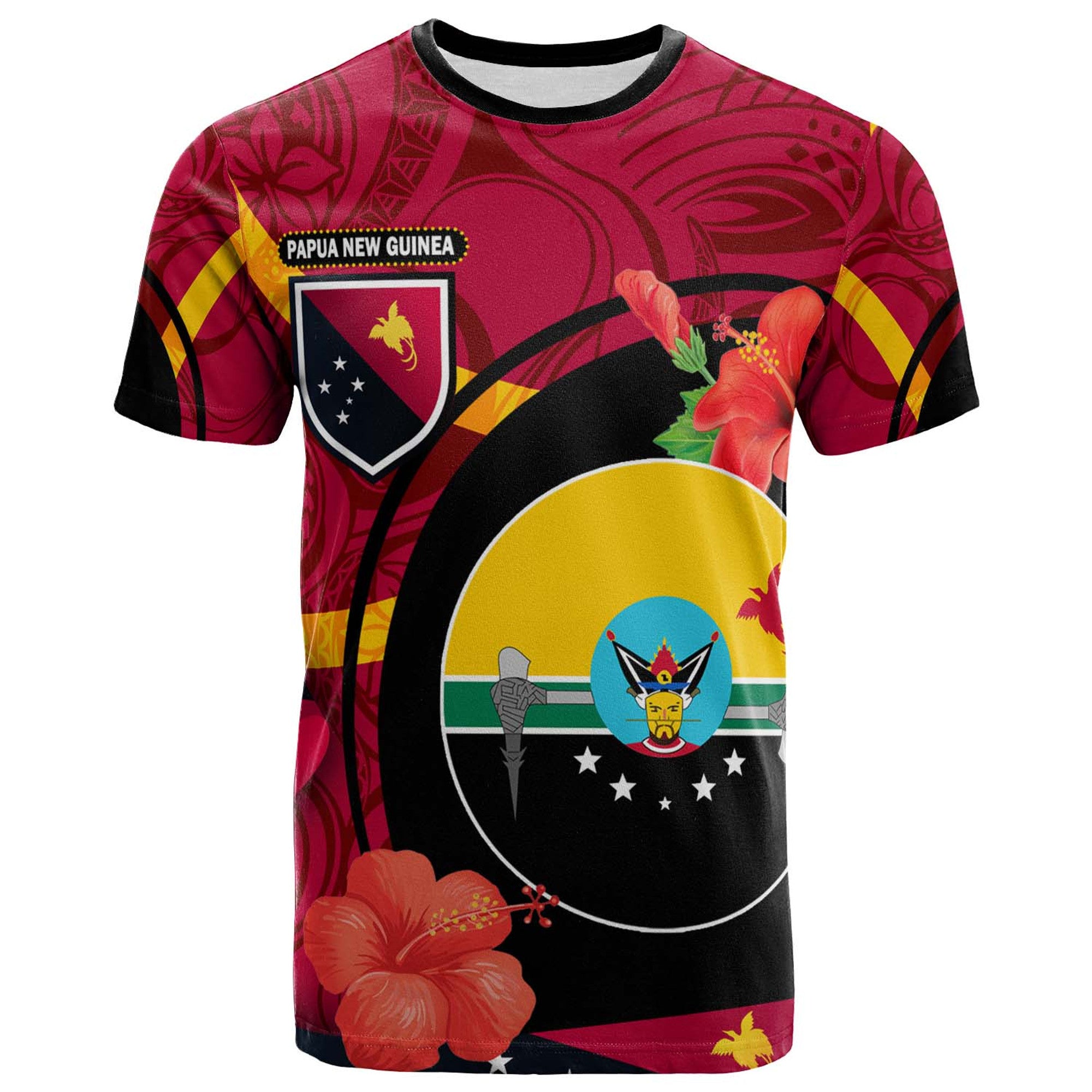 Papua New Guinea T Shirt Hela Flag of PNG with Hibicus and Polynesian Culture T Shirt Art - Polynesian Pride