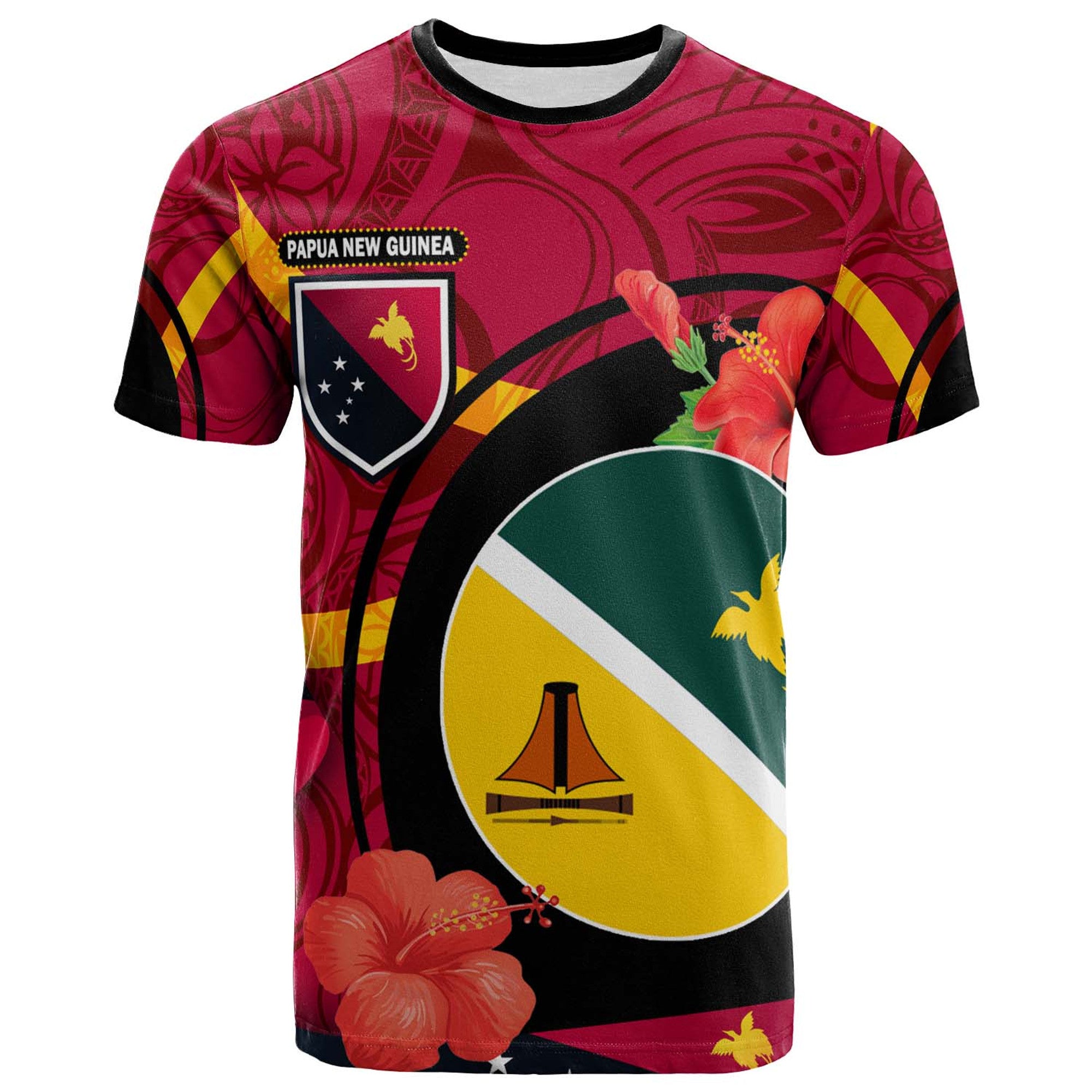 Papua New Guinea T Shirt Jiwaka Flag of PNG with Hibicus and Polynesian Culture T Shirt Art - Polynesian Pride