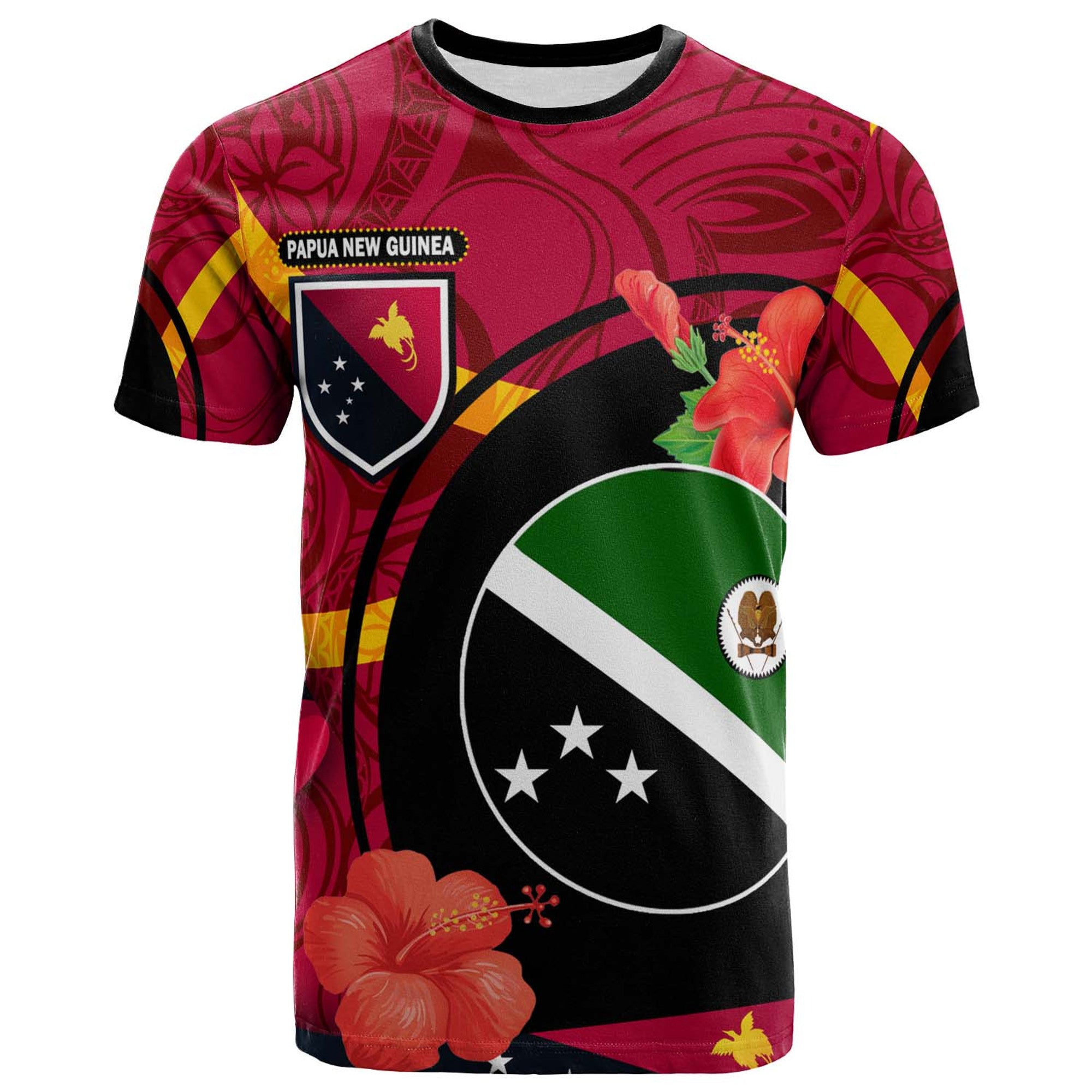 Papua New Guinea T Shirt Western Highlands Flag of PNG with Hibicus and Polynesian Culture T Shirt Art - Polynesian Pride