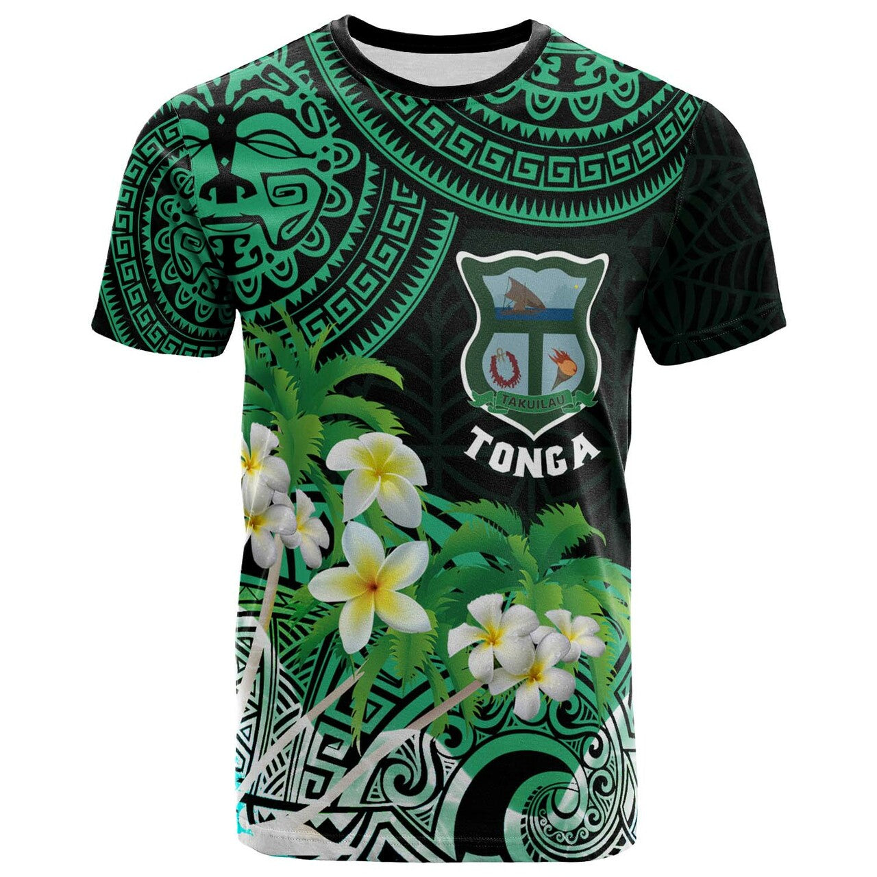 Tonga Custom T Shirt Takuilau College with Polynesian Patterns and Plumeria Flower LT10 Green - Polynesian Pride