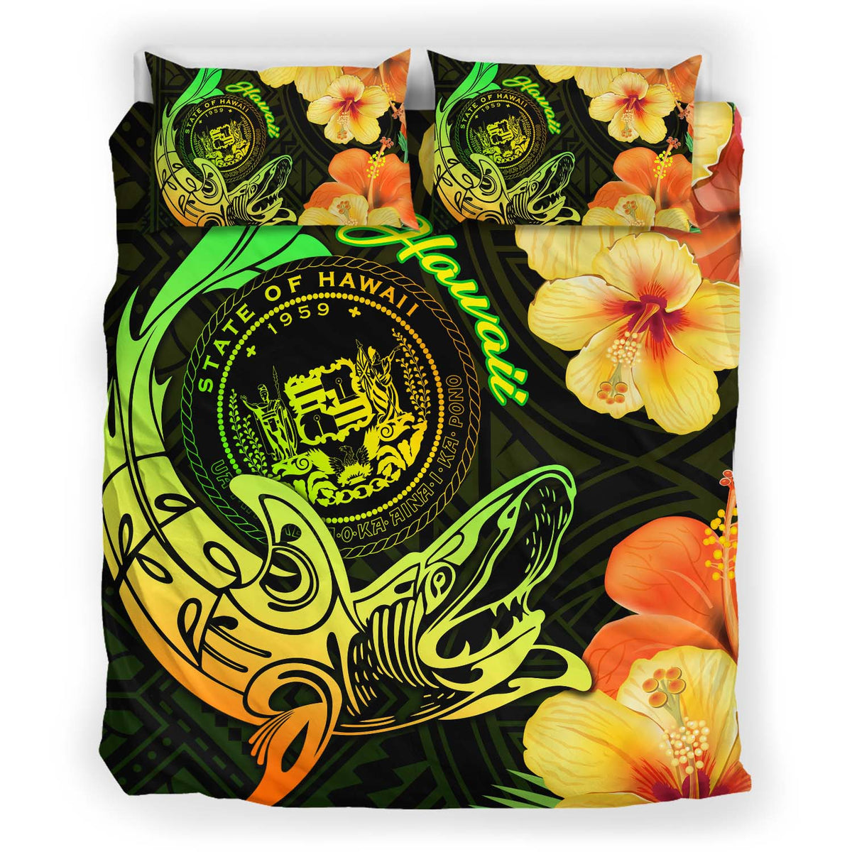 Hawaii Polynesian Bedding Set - Hawaii Sharks Tribal Patterns Green - Polynesian Pride