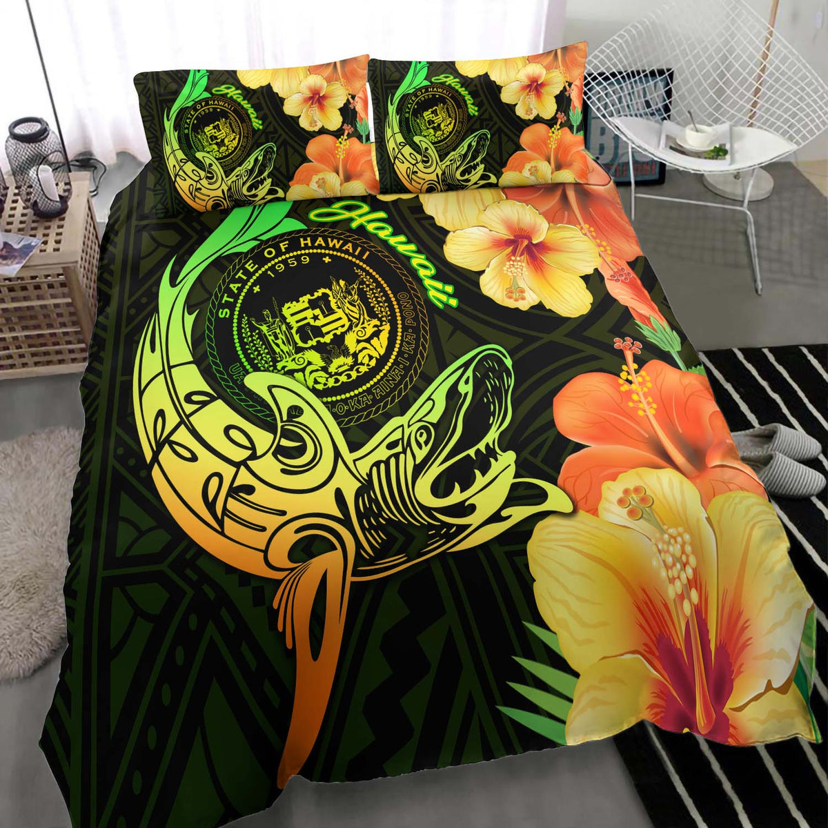 Hawaii Polynesian Bedding Set - Hawaii Sharks Tribal Patterns Green - Polynesian Pride
