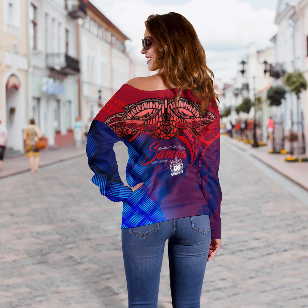 Samoa Polynesian Off Shoulder Sweatshirt - Samoa Coat Of Arms With Lauhala Tribal Pattern - Polynesian Pride