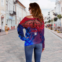 Samoa Polynesian Off Shoulder Sweatshirt - Samoa Coat Of Arms With Lauhala Tribal Pattern - Polynesian Pride