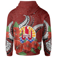 Tahiti Polynesian Zip up Hoodie Hibiscus Coat of Arm Red - Polynesian Pride