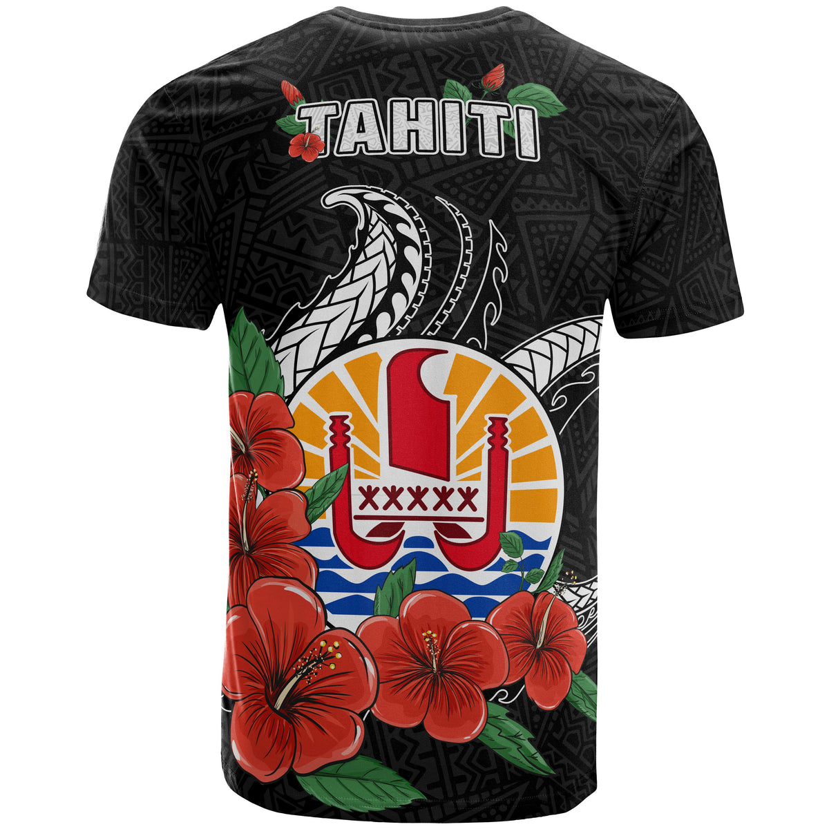 Tahiti Polynesian T Shirt Hibiscus Coat of Arm Black - Polynesian Pride