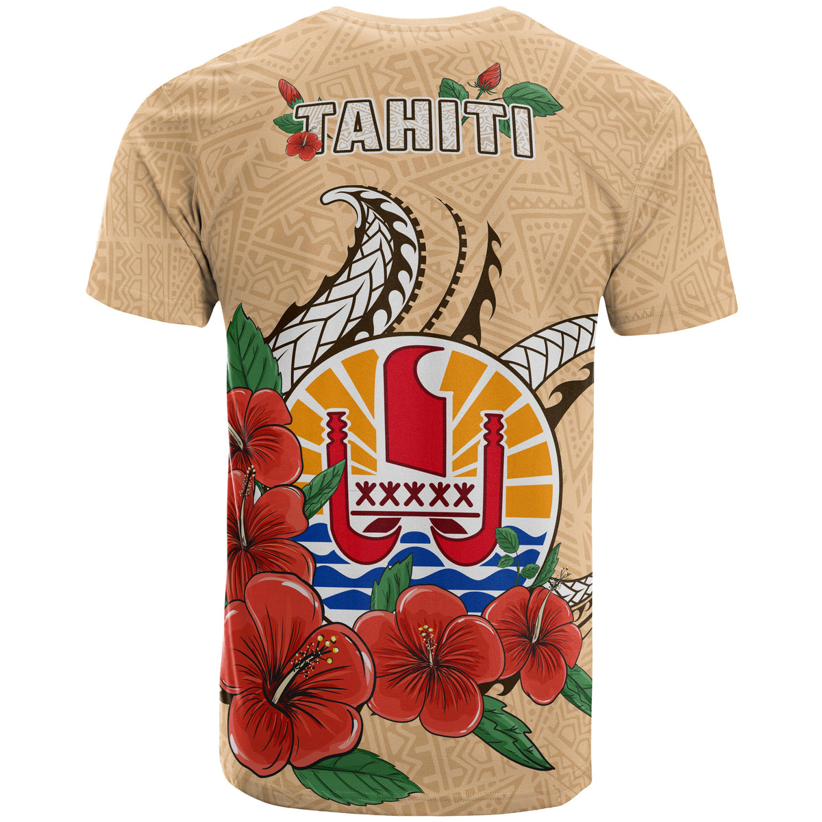 Tahiti Polynesian T Shirt Hibiscus Coat of Arm Beige - Polynesian Pride