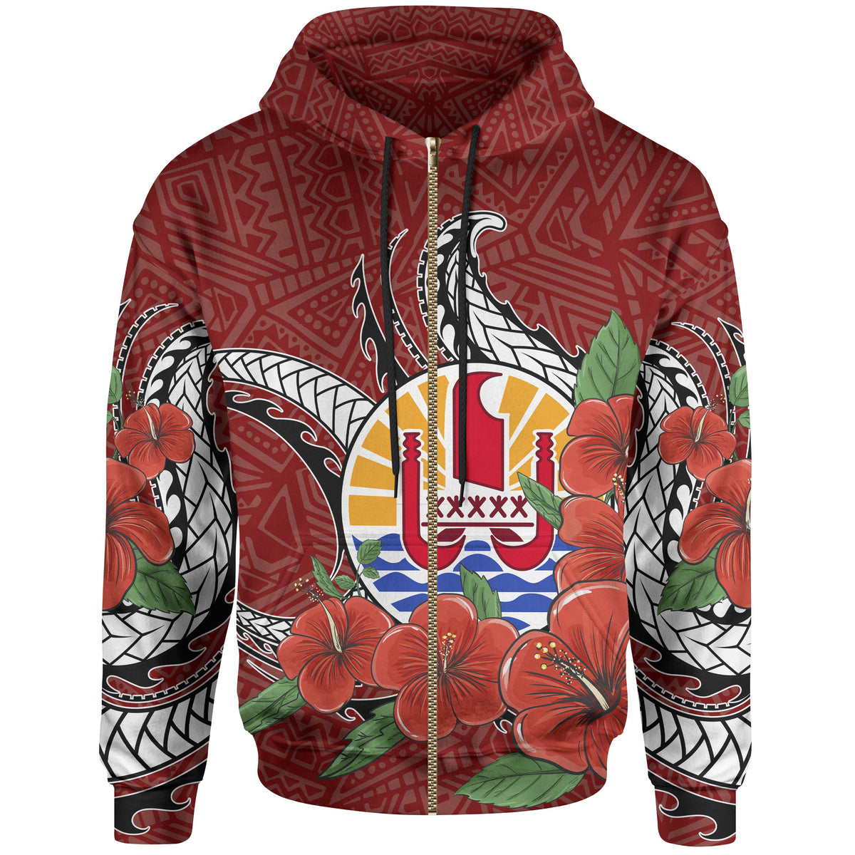 Tahiti Polynesian Zip up Hoodie Hibiscus Coat of Arm Red Unisex RED - Polynesian Pride
