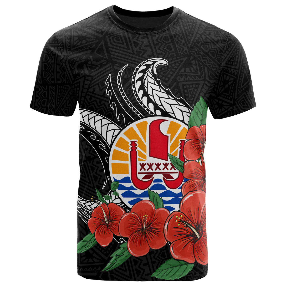 Tahiti Polynesian T Shirt Hibiscus Coat of Arm Black Unisex BLACK - Polynesian Pride