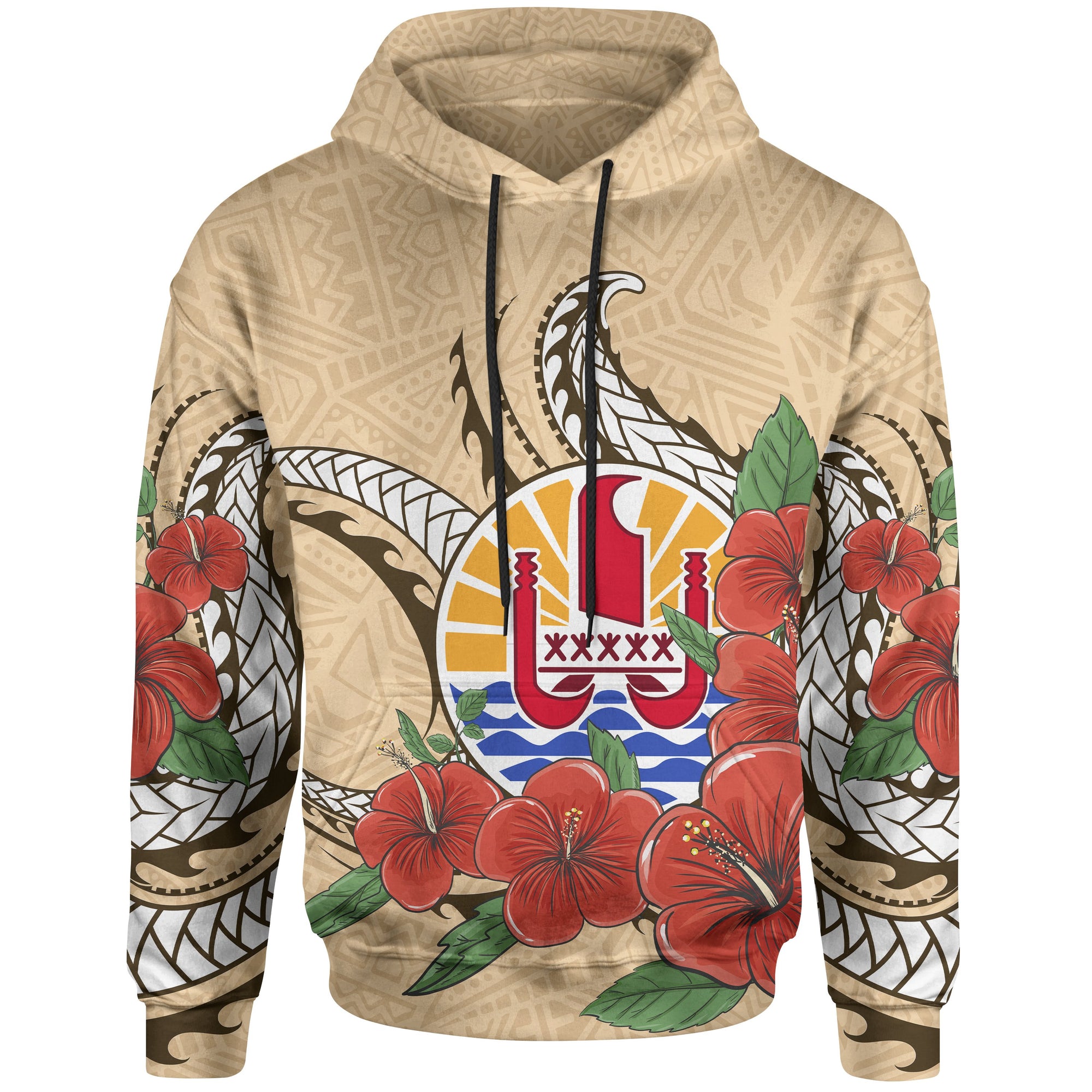 Tahiti Polynesian Hoodie Hibiscus Coat of rm Beige Unisex BEIGE - Polynesian Pride