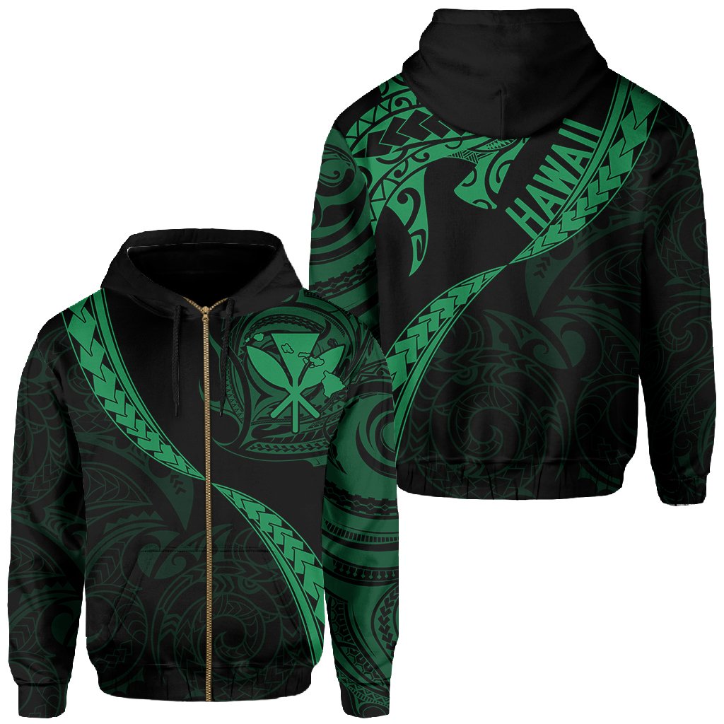 Hawaiian Kanaka Hoodie (Zipper) Mano Kihikihi Green Unisex Green - Polynesian Pride