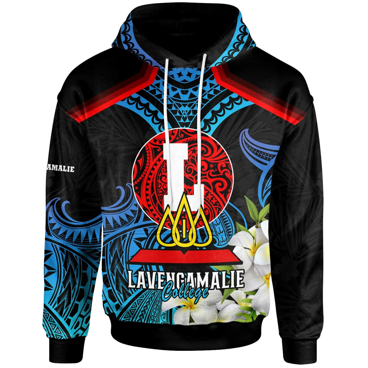 Tonga Polynesian Hoodie Lavengamalie College with Polynesian Patterns and Plumeria Flower Hoodie LT10 Blue - Polynesian Pride