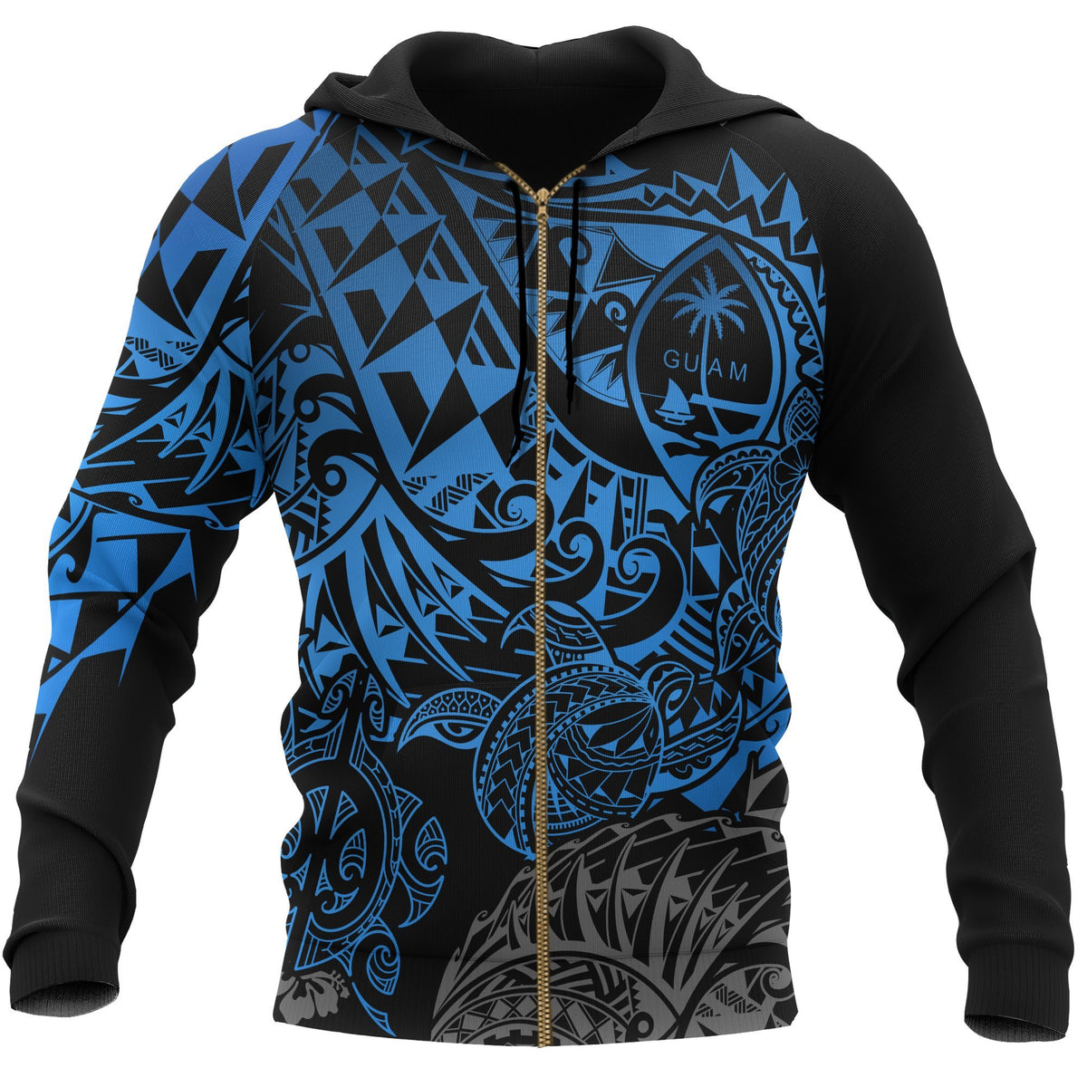 Guam Polynesian Zip up Hoodie Blue Turtle Flowing Unisex Blue - Polynesian Pride