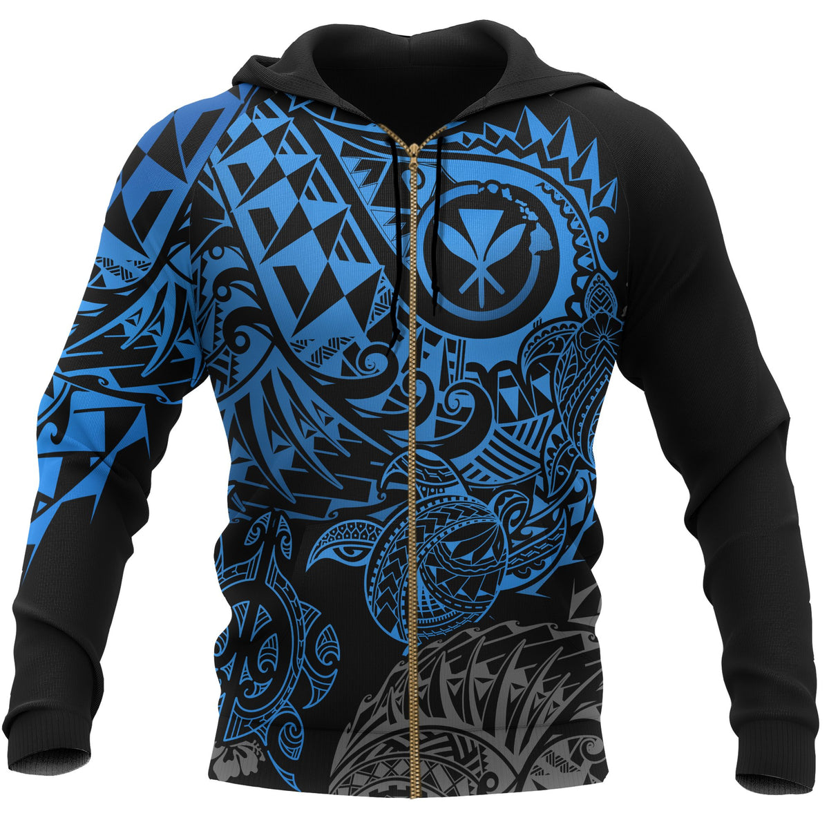 Polynesian Hawaii (Kanaka Maoli) Zip up Hoodie Blue Turtle Hibiscus Flowing Unisex Blue - Polynesian Pride