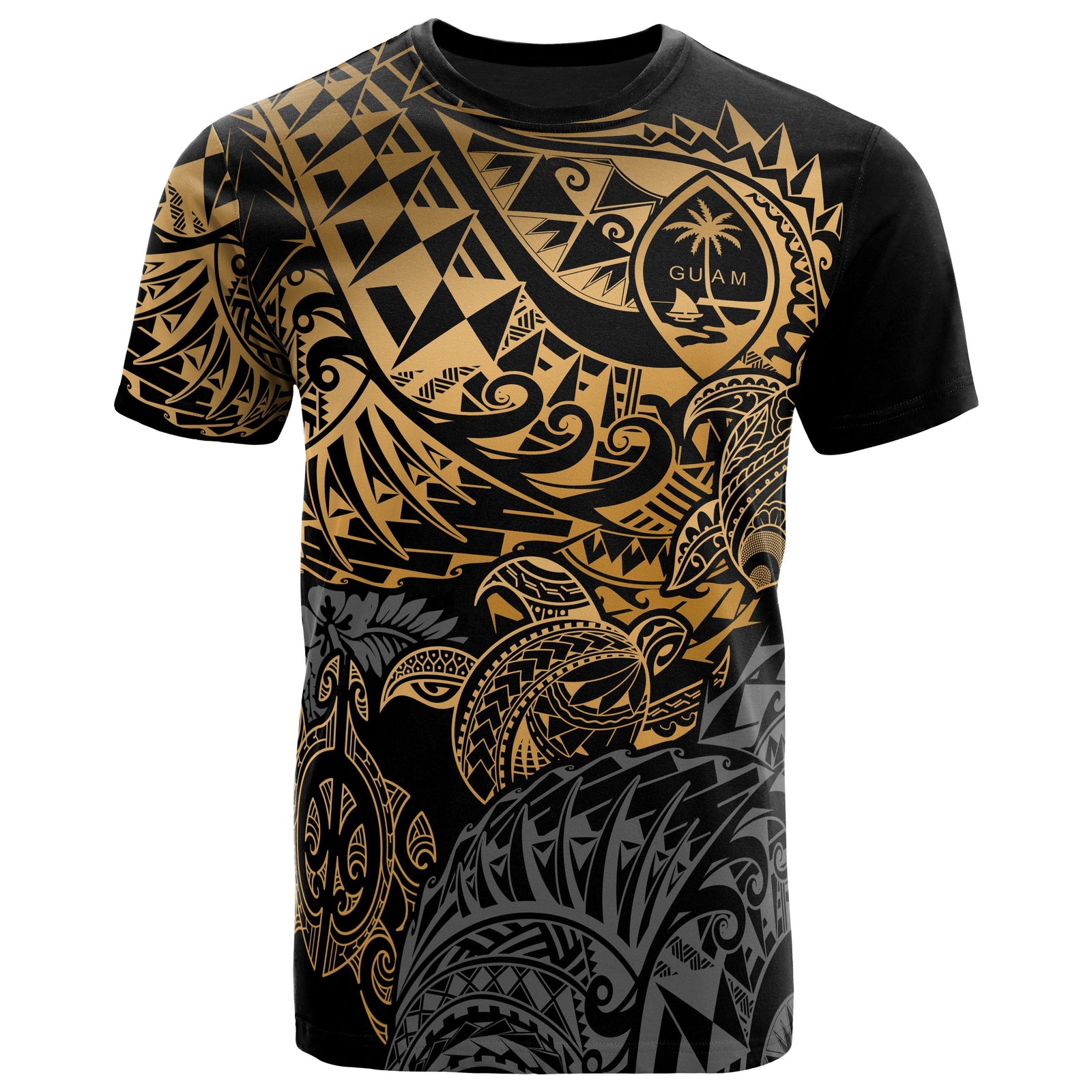 Guam Polynesian T Shirt Guam Coat of Arms Gold Turtle Flowing Unisex Gold - Polynesian Pride