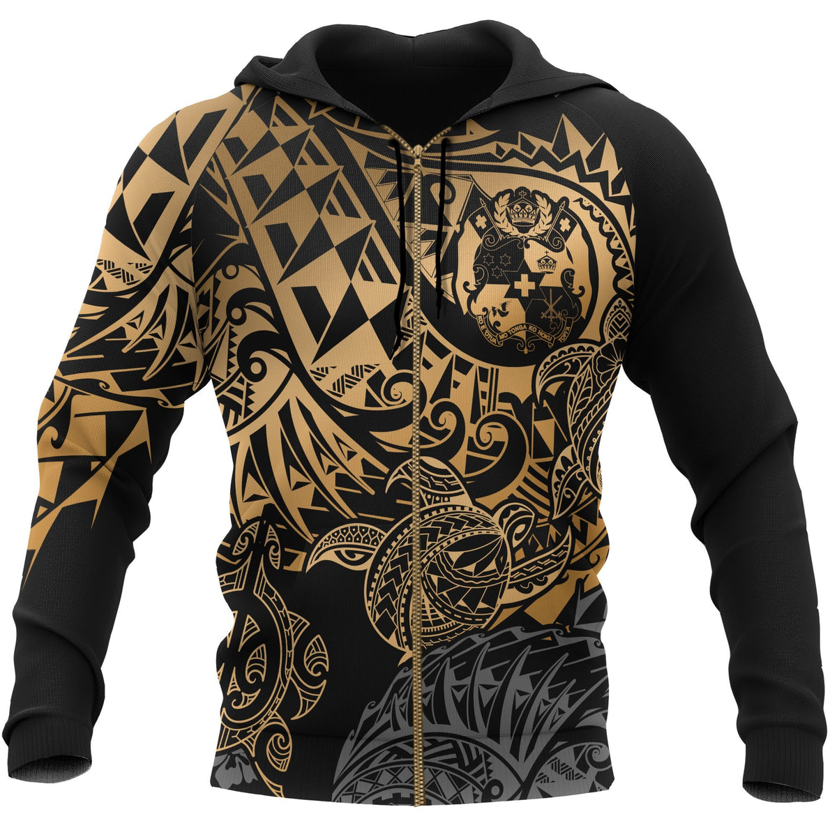 Tonga Polynesian Zip up Hoodie Gold Turtle Flowing Unisex Gold - Polynesian Pride